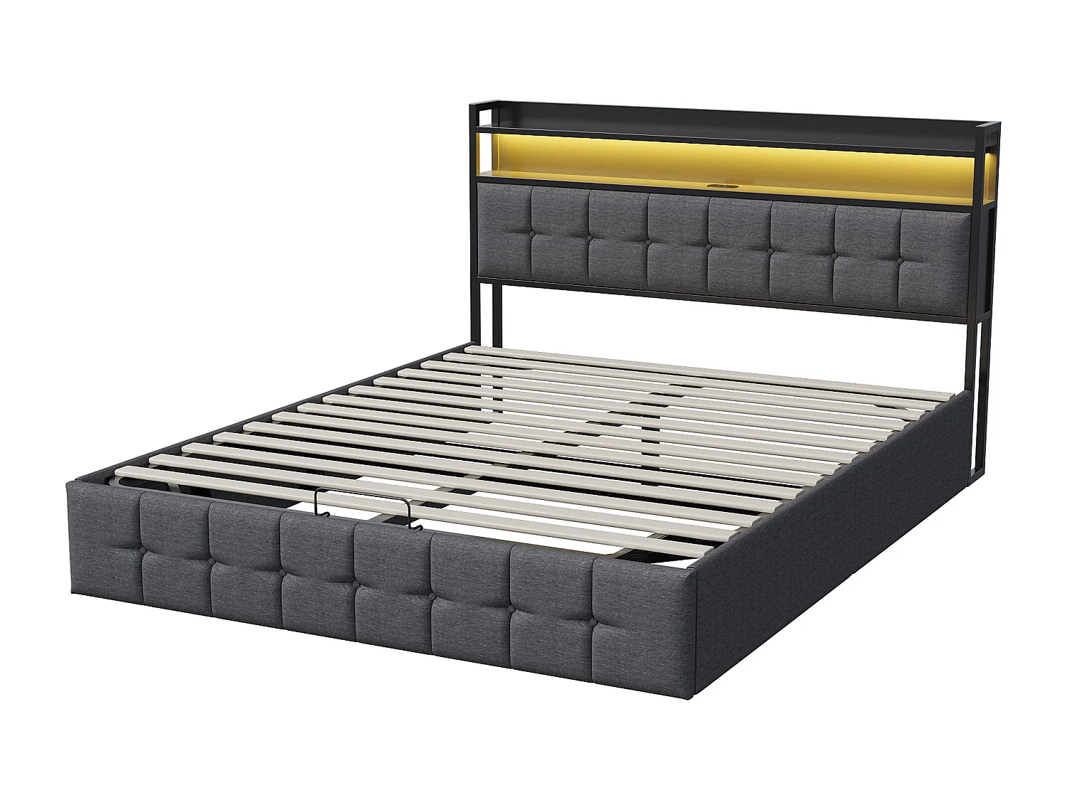 Lit adulte 140x200 coffre rangement soldes, lit double 140x200 cm avec sommier à lattes, cadre de lit 140x200 cm avec LED et USB - tissu en lin - gris