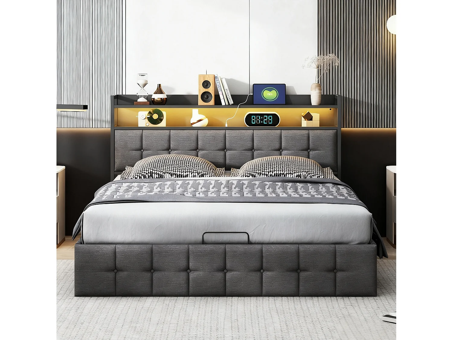 Lit adulte 140x200 coffre rangement soldes, lit double 140x200 cm avec sommier à lattes, cadre de lit 140x200 cm avec LED et USB - tissu en lin - gris