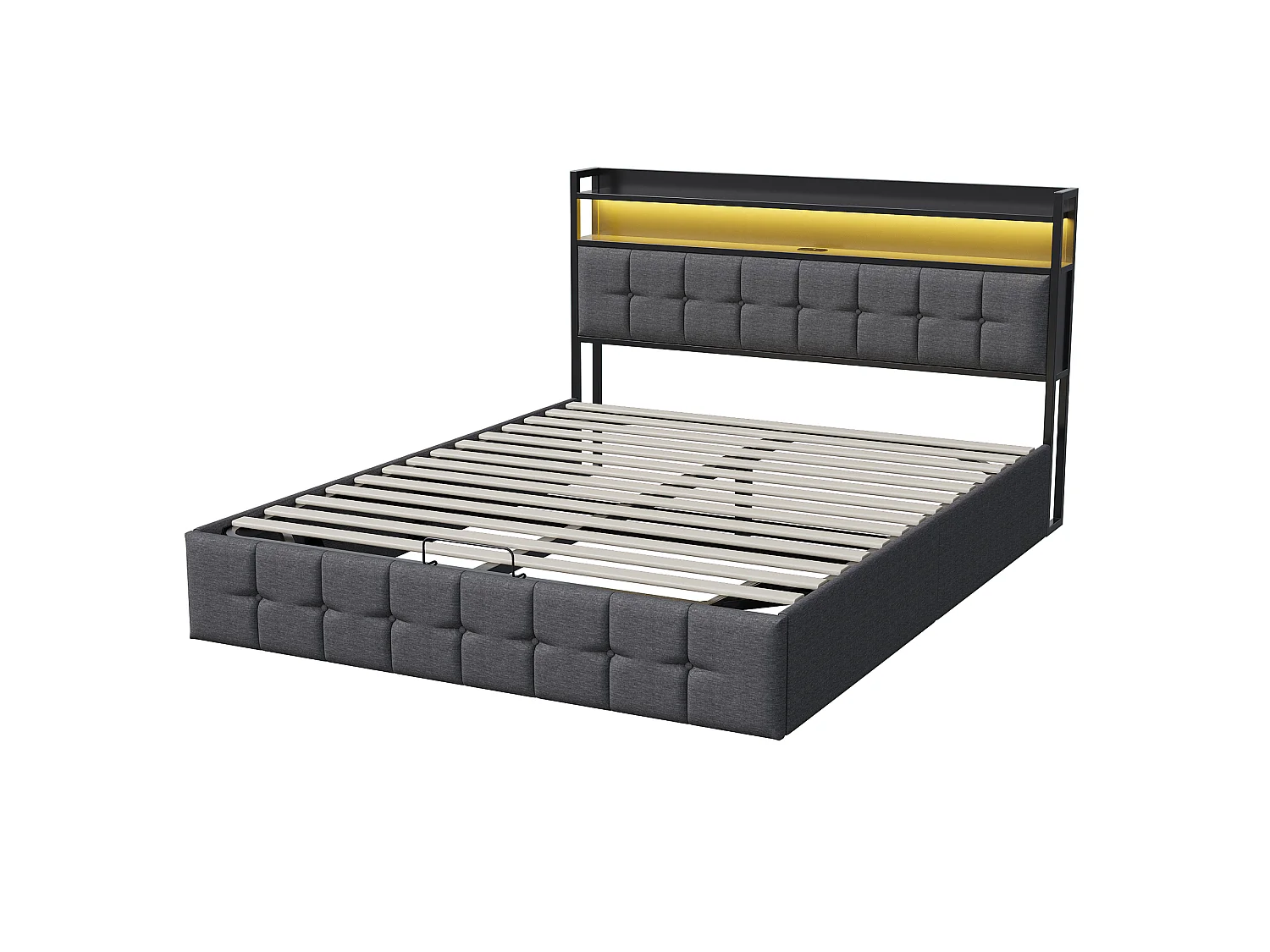 Lit coffre 140 x 200 cm - Lit double adulte avec sommier à lattes, rangement, LED et port USB - tissu effet lin gris