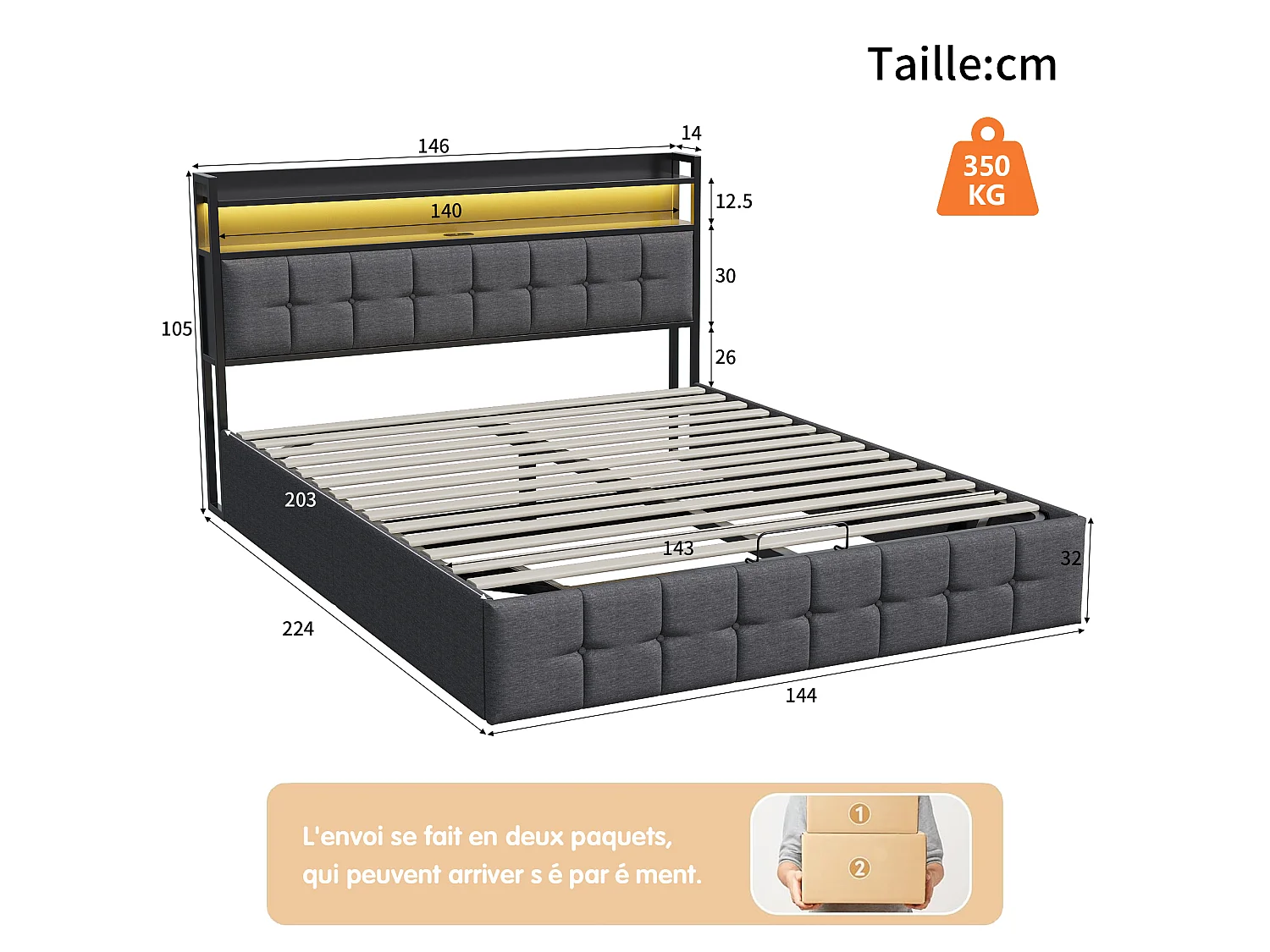 Lit coffre 140 x 200 cm - Lit double adulte avec sommier à lattes, rangement, LED et port USB - tissu effet lin gris