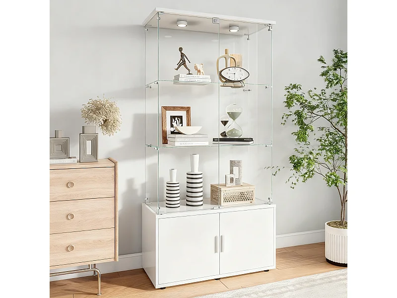 Vitrine sur pied avec 4 portes, 3 plateaux verre transparent avec serrure, verre trempé et boir, Multi - usage - Avec éclairage LED - 78x35x164 cm - Blanc