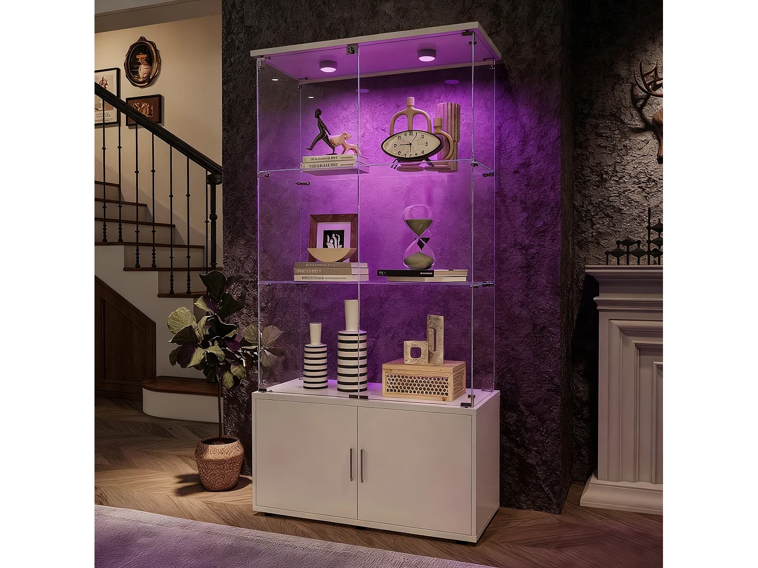 Vitrine sur pied avec 4 portes, 3 plateaux verre transparent avec serrure, verre trempé et boir, Multi - usage - Avec éclairage LED - 78x35x164 cm - Blanc