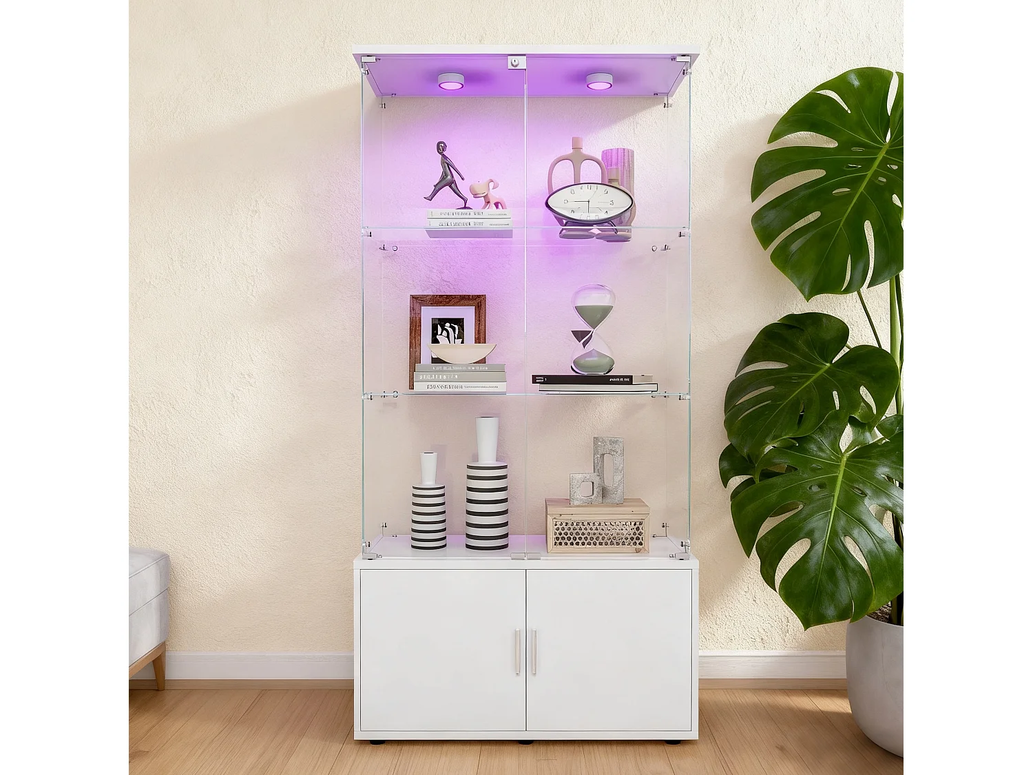 Vitrine sur pied avec 4 portes, 3 plateaux verre transparent avec serrure, verre trempé et boir, Multi - usage - Avec éclairage LED - 78x35x164 cm - Blanc