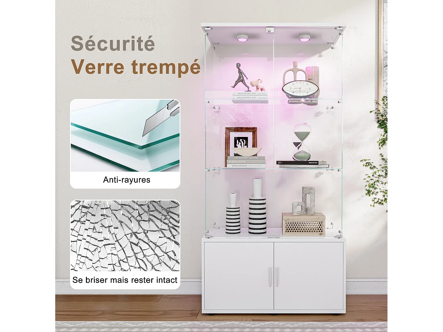 Vitrine sur pied avec 4 portes, 3 plateaux verre transparent avec serrure, verre trempé et boir, Multi - usage - Avec éclairage LED - 78x35x164 cm - Blanc