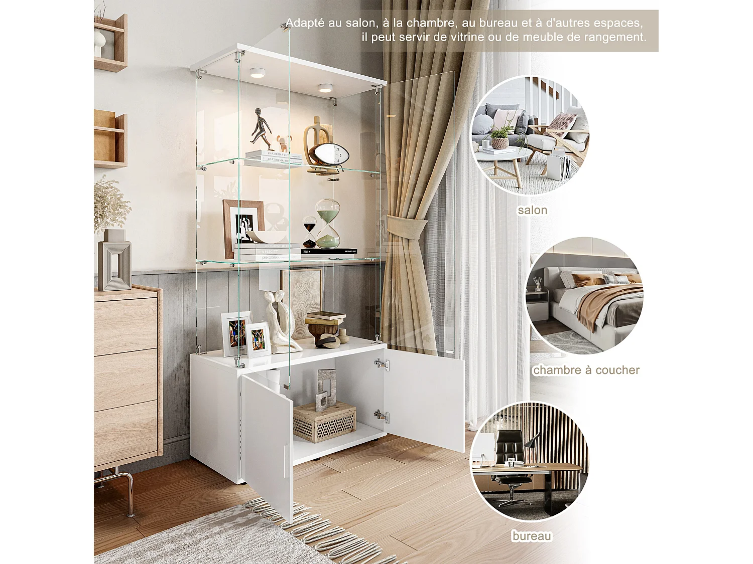 Vitrine sur pied avec 4 portes, 3 plateaux verre transparent avec serrure, verre trempé et boir, Multi - usage - Avec éclairage LED - 78x35x164 cm - Blanc