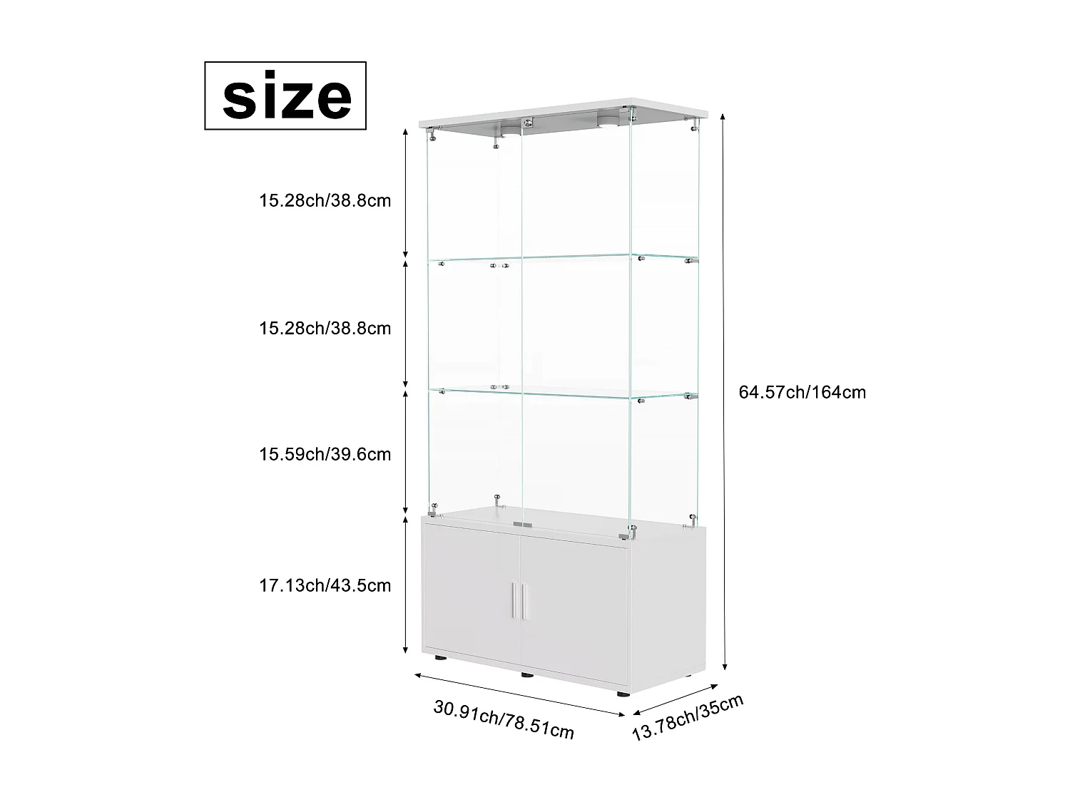 Vitrine sur pied avec 4 portes, 3 plateaux verre transparent avec serrure, verre trempé et boir, Multi - usage - Avec éclairage LED - 78x35x164 cm - Blanc