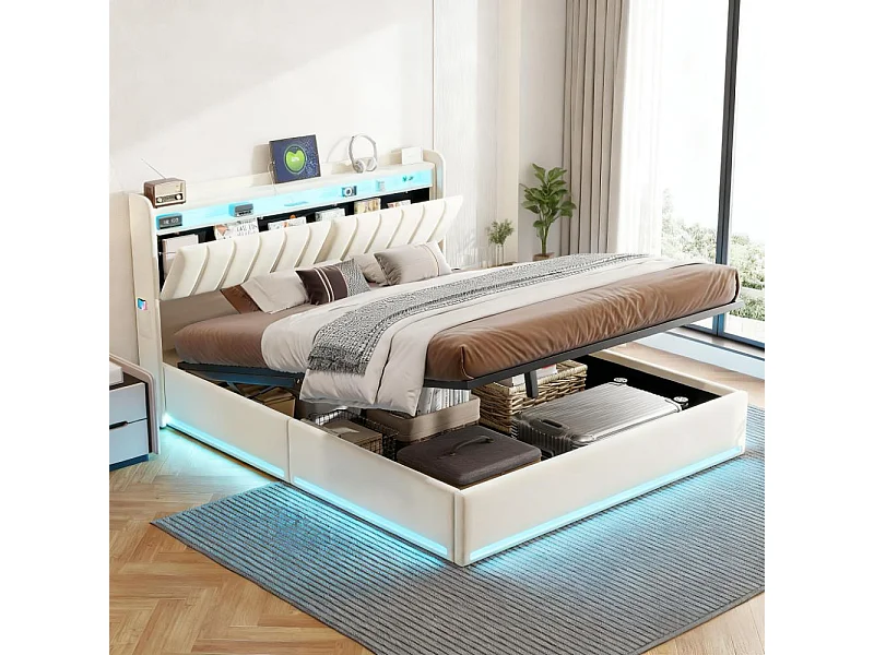 Lit adulte 140x200 cm avec sommier à latte, lit double 140x200 coffre rangement soldes, lit capitonné en tissu velours 140x200 cm - LED - USB - beige