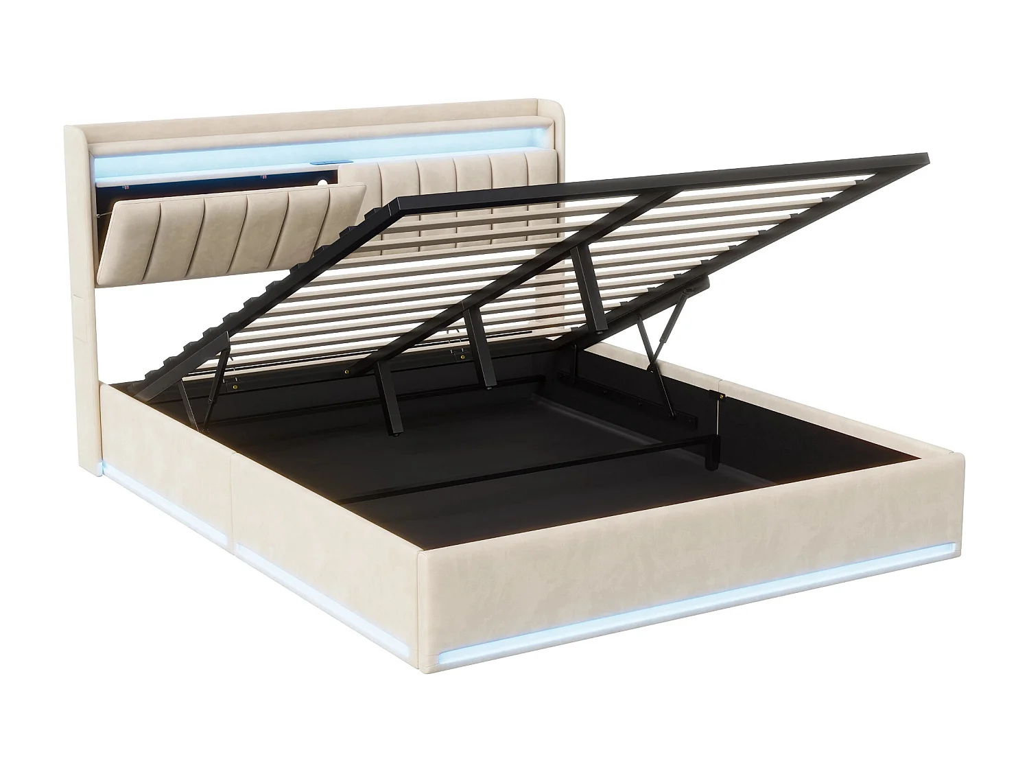 Volwassen bed 140x200 cm met lattenbodem, tweepersoonsbed 140x200 cm met opbergvak te koop, gestoffeerd bed in fluwelen stof 140x200 cm - LED - USB - beige
