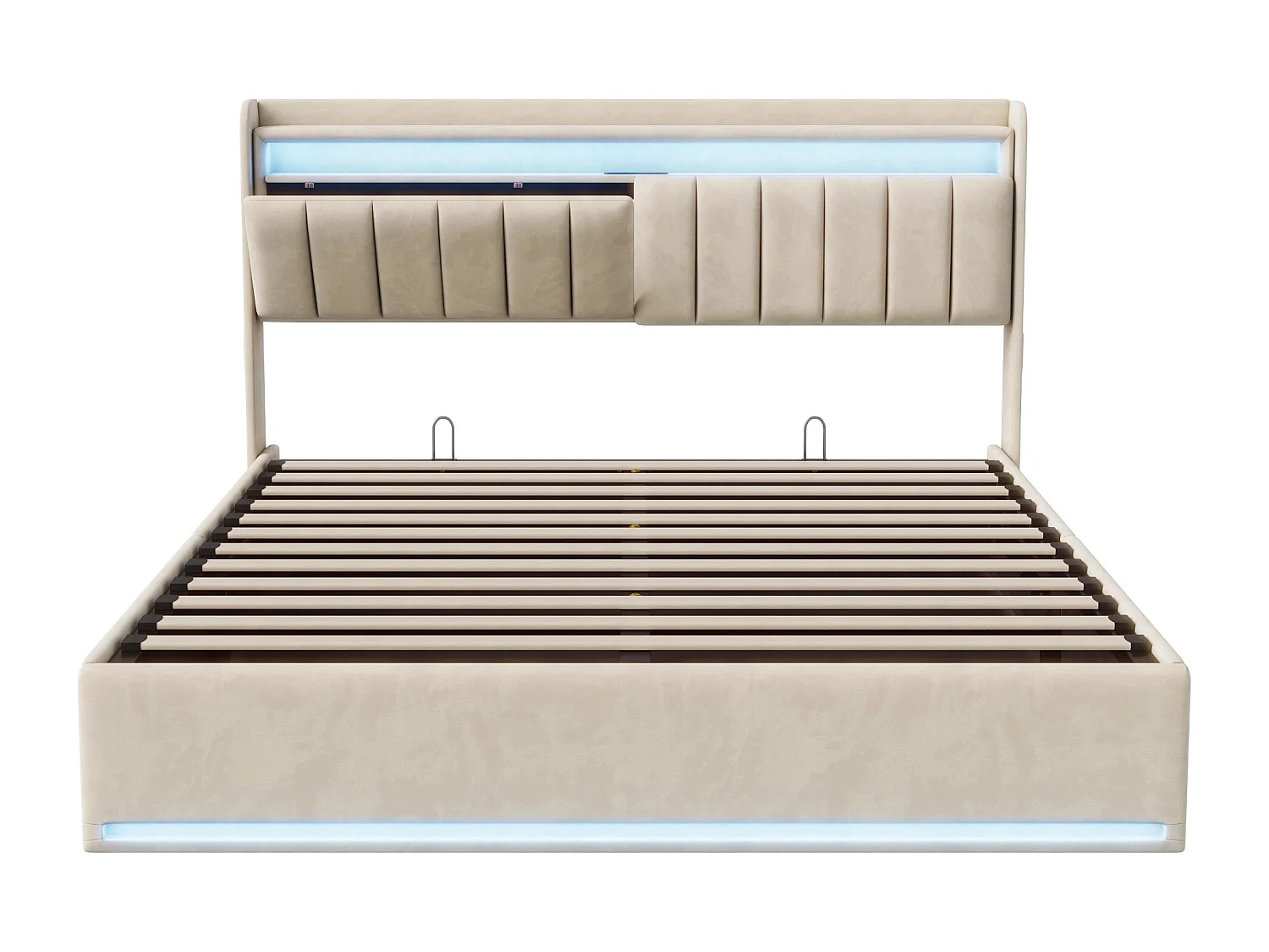Volwassen bed 140x200 cm met lattenbodem, tweepersoonsbed 140x200 cm met opbergvak te koop, gestoffeerd bed in fluwelen stof 140x200 cm - LED - USB - beige