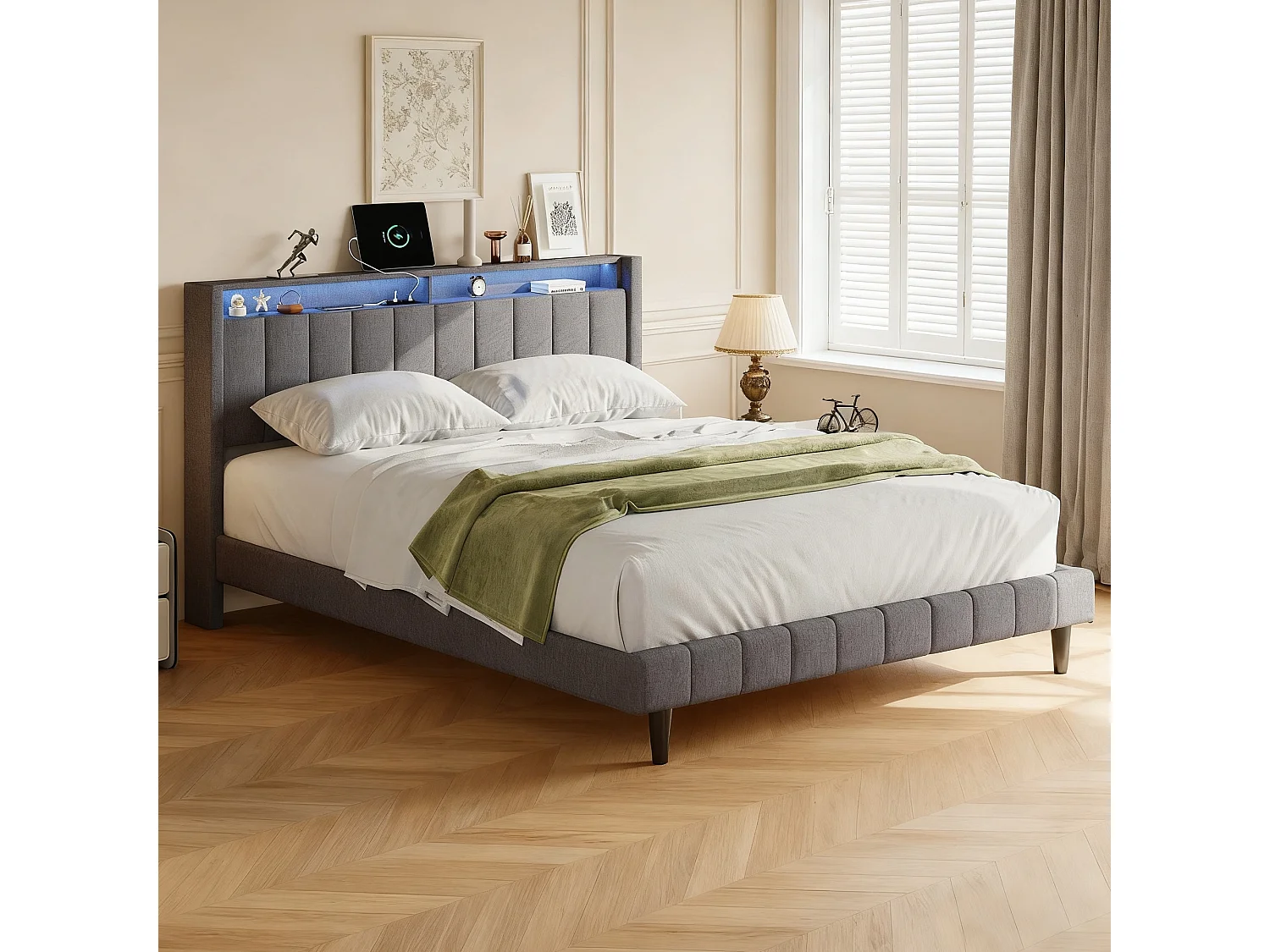 Lit 160x200 cm avec sommier à latte - lit  adulte 160x200 cm - USB - LED - lit double 160x200 cm tissu en Lin - espace de rangement caché lit 160x200 cm - gris