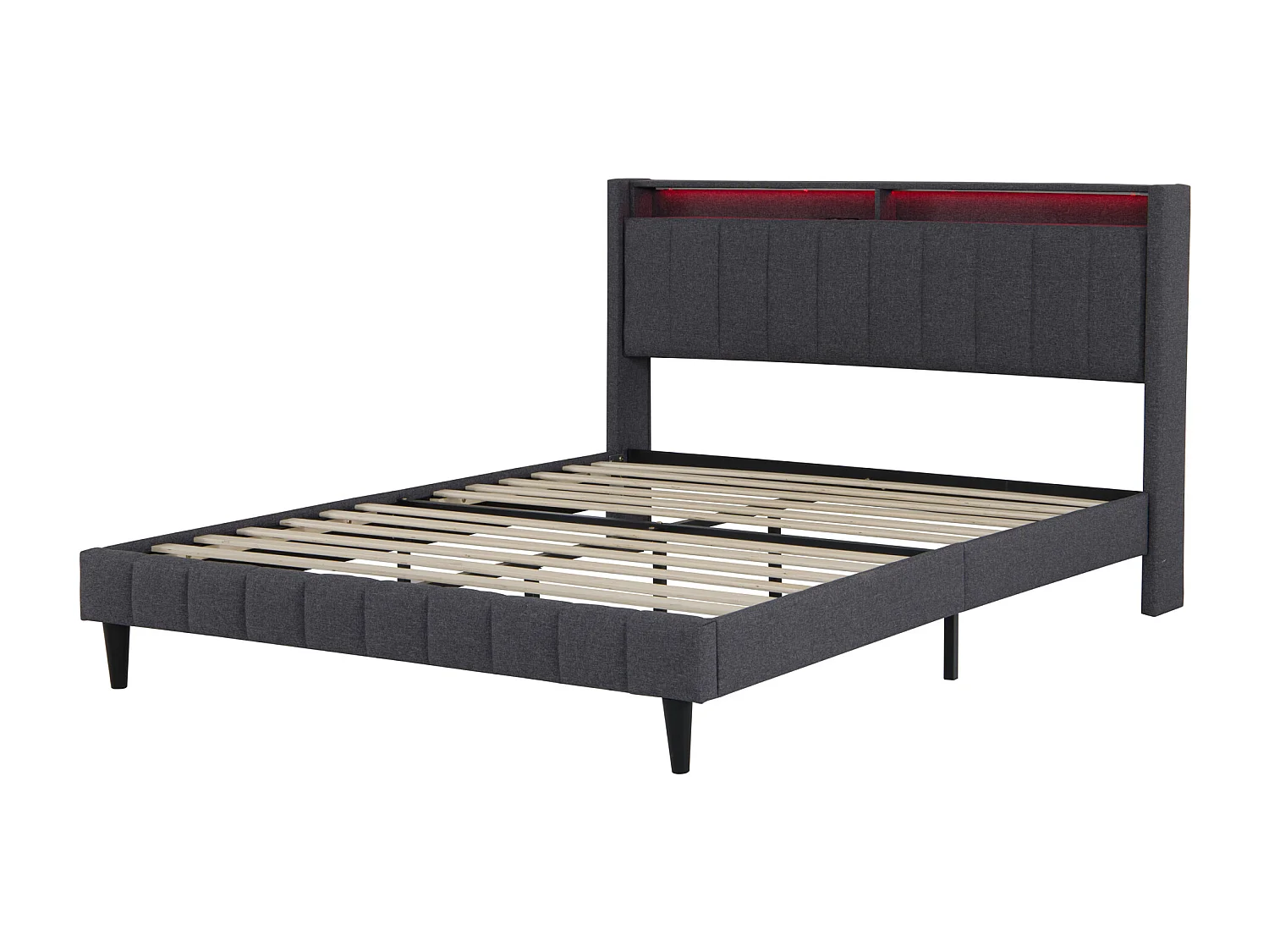 Lit 160x200 cm avec sommier à latte - lit  adulte 160x200 cm - USB - LED - lit double 160x200 cm tissu en Lin - espace de rangement caché lit 160x200 cm - gris