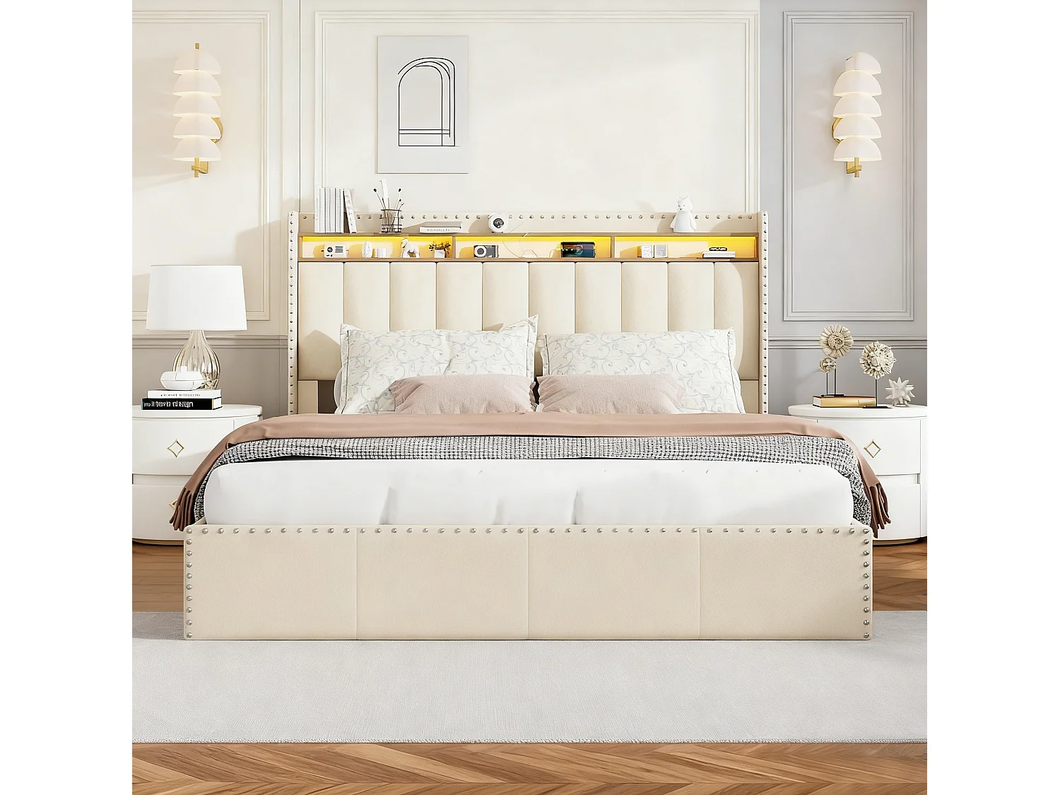 Lit coffre 140x200 cm avec sommier à lattes - cadre de lit adulte 140x200 cm - lit double 140x200 cm matelassé en tissu velours - blanc cassé