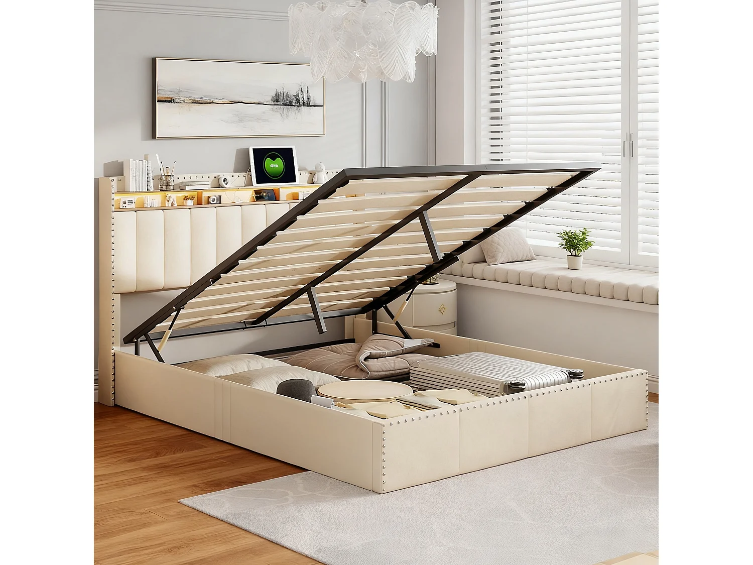 Lit coffre 140x200 cm avec sommier à lattes - cadre de lit adulte 140x200 cm - lit double 140x200 cm matelassé en tissu velours - blanc cassé