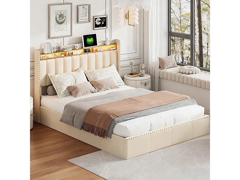 Lit coffre 140x200 cm avec sommier à lattes - cadre de lit adulte 140x200 cm - lit double 140x200 cm matelassé en tissu velours - blanc cassé