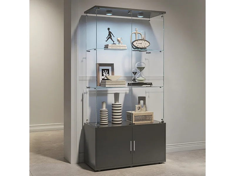 Vitrine sur pied avec 4 portes, 3 plateaux verre transparent avec serrure, verre trempé et boir, Multi - usage - Avec éclairage LED - 78x35x164 cm  - Noir