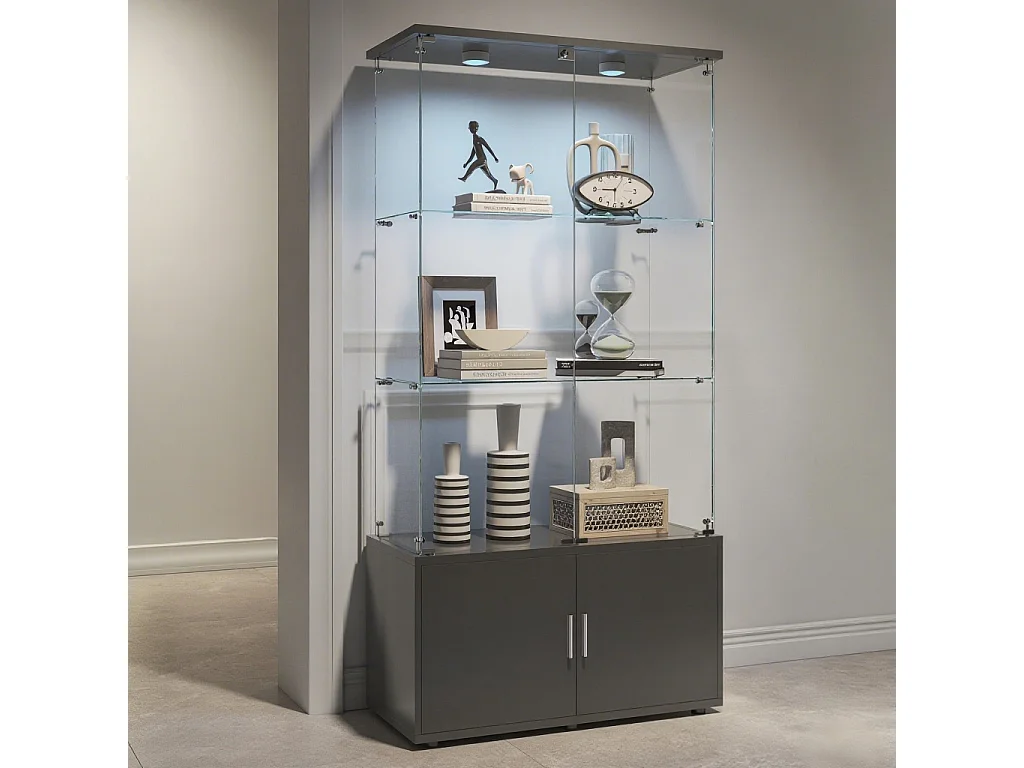 Vitrine sur pied avec 4 portes, 3 plateaux verre transparent avec serrure, verre trempé et boir, Multi - usage - Avec éclairage LED - 78x35x164 cm  - Noir