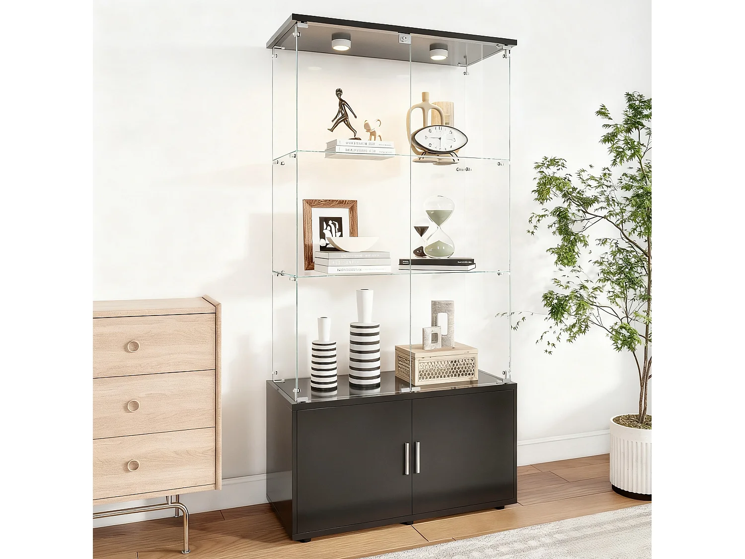 Vitrine sur pied avec 4 portes, 3 plateaux verre transparent avec serrure, verre trempé et boir, Multi - usage - Avec éclairage LED - 78x35x164 cm  - Noir
