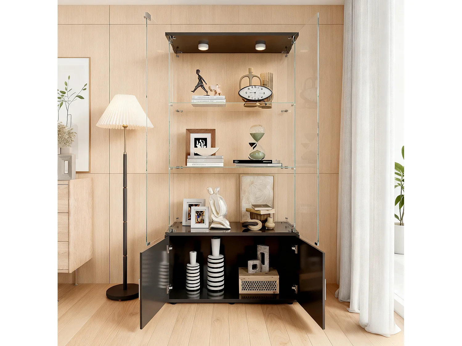 Vitrine sur pied avec 4 portes, 3 plateaux verre transparent avec serrure, verre trempé et boir, Multi - usage - Avec éclairage LED - 78x35x164 cm  - Noir