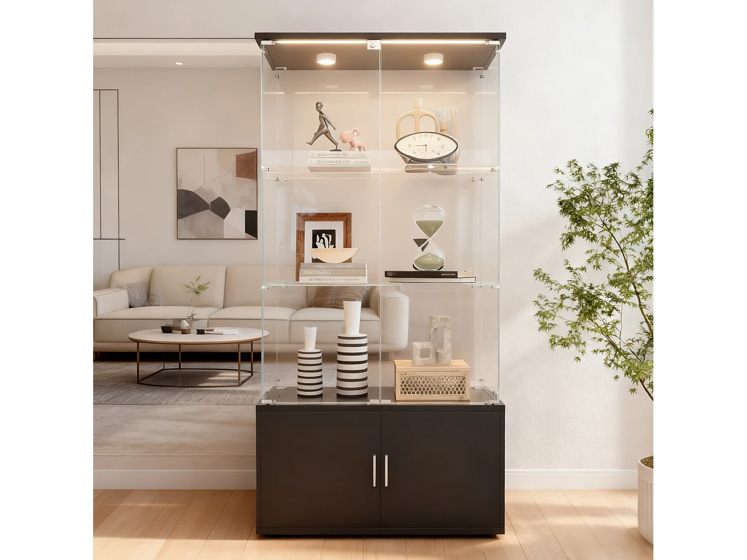 Vitrine sur pied avec 4 portes, 3 plateaux verre transparent avec serrure, verre trempé et boir, Multi - usage - Avec éclairage LED - 78x35x164 cm  - Noir