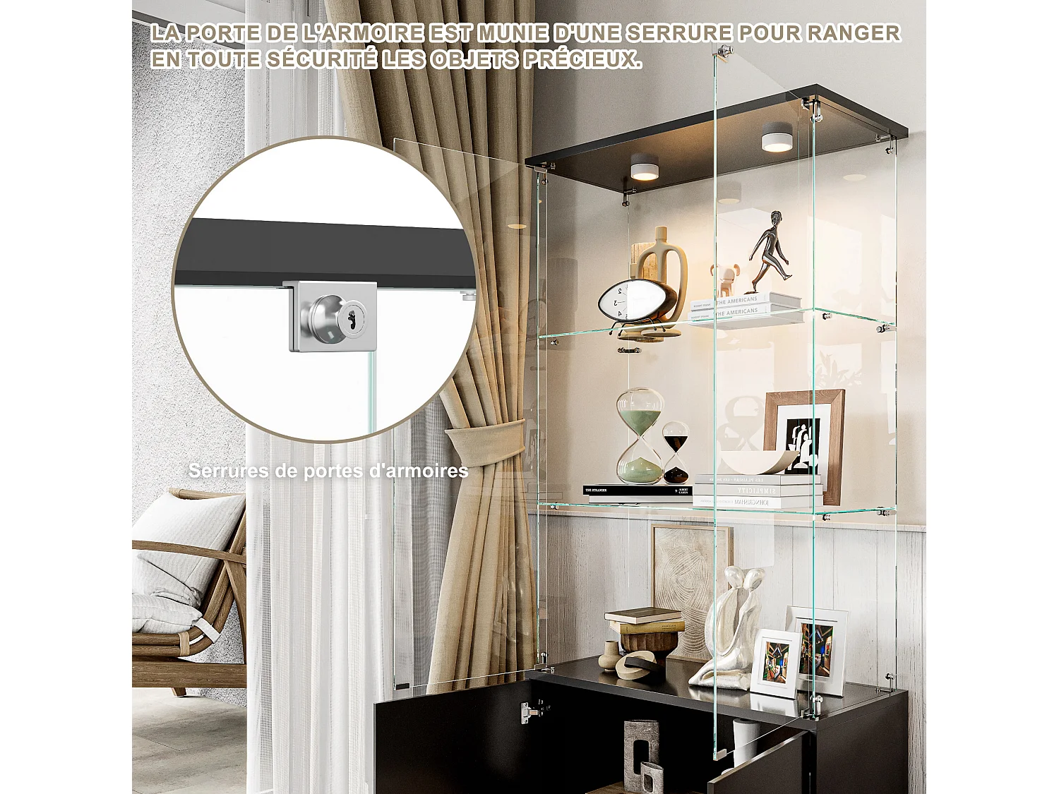 Vitrine sur pied avec 4 portes, 3 plateaux verre transparent avec serrure, verre trempé et boir, Multi - usage - Avec éclairage LED - 78x35x164 cm  - Noir