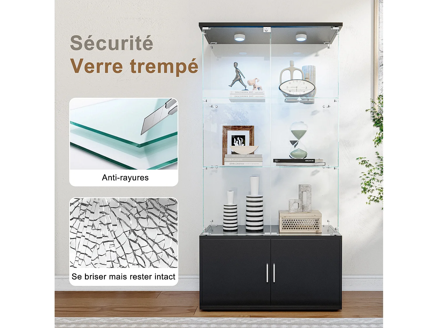 Vitrine sur pied avec 4 portes, 3 plateaux verre transparent avec serrure, verre trempé et boir, Multi - usage - Avec éclairage LED - 78x35x164 cm  - Noir