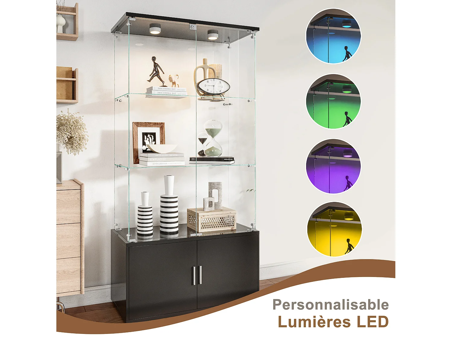 Vitrine sur pied avec 4 portes, 3 plateaux verre transparent avec serrure, verre trempé et boir, Multi - usage - Avec éclairage LED - 78x35x164 cm  - Noir