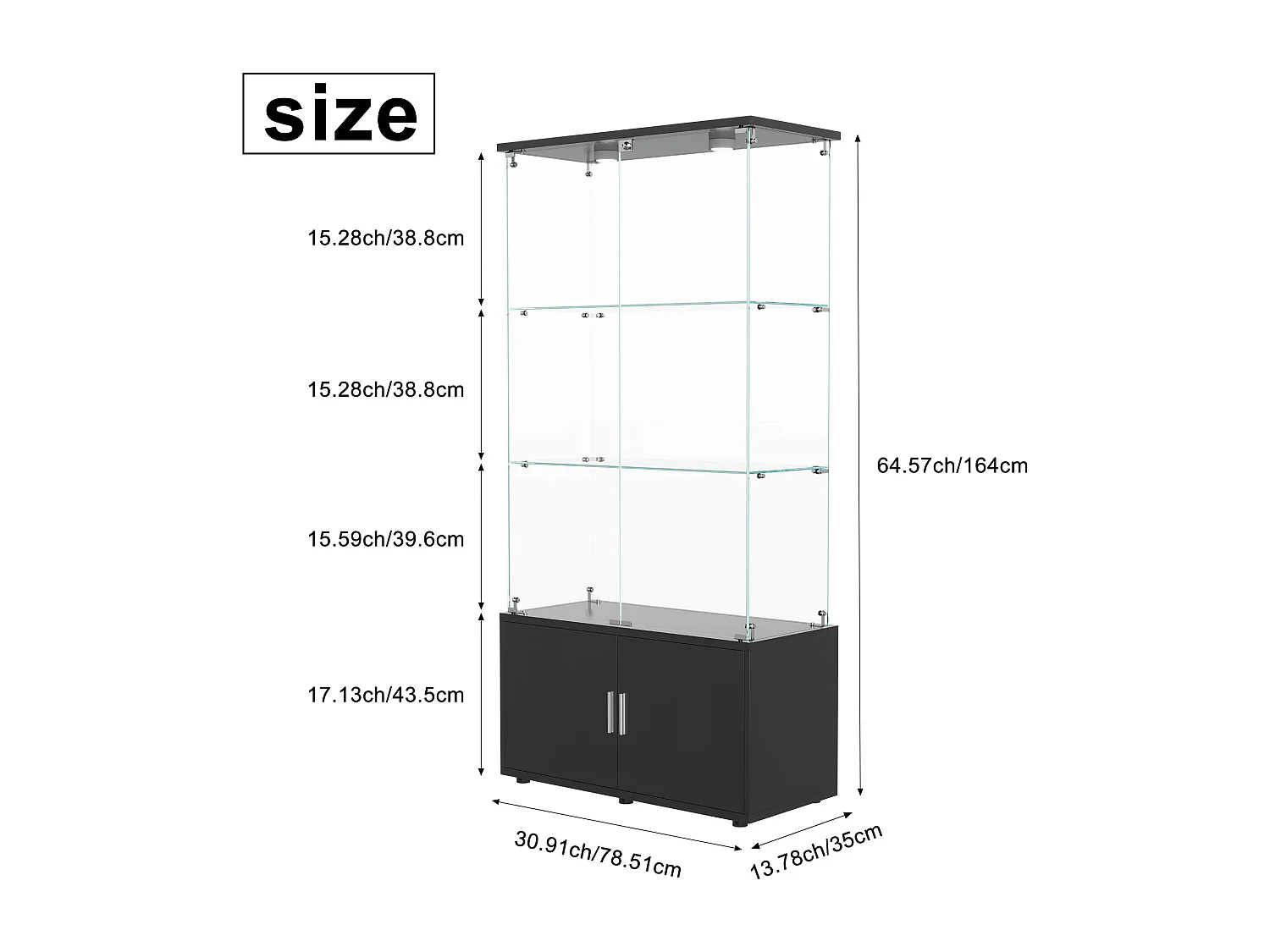 Vitrine sur pied avec 4 portes, 3 plateaux verre transparent avec serrure, verre trempé et boir, Multi - usage - Avec éclairage LED - 78x35x164 cm  - Noir