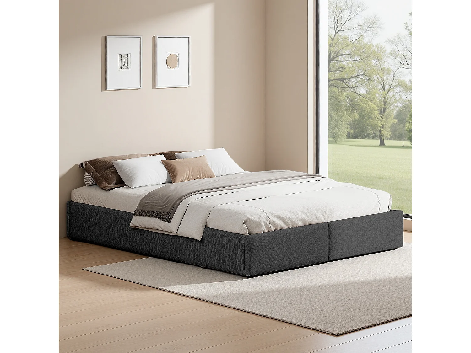 Lit double 140x200 cm - lit coffre 140x200 cm - lit adulte avec éclairage LED et recharge USB - lit rembourré sans tête de lit - 2 tiroirs - lin - girs
