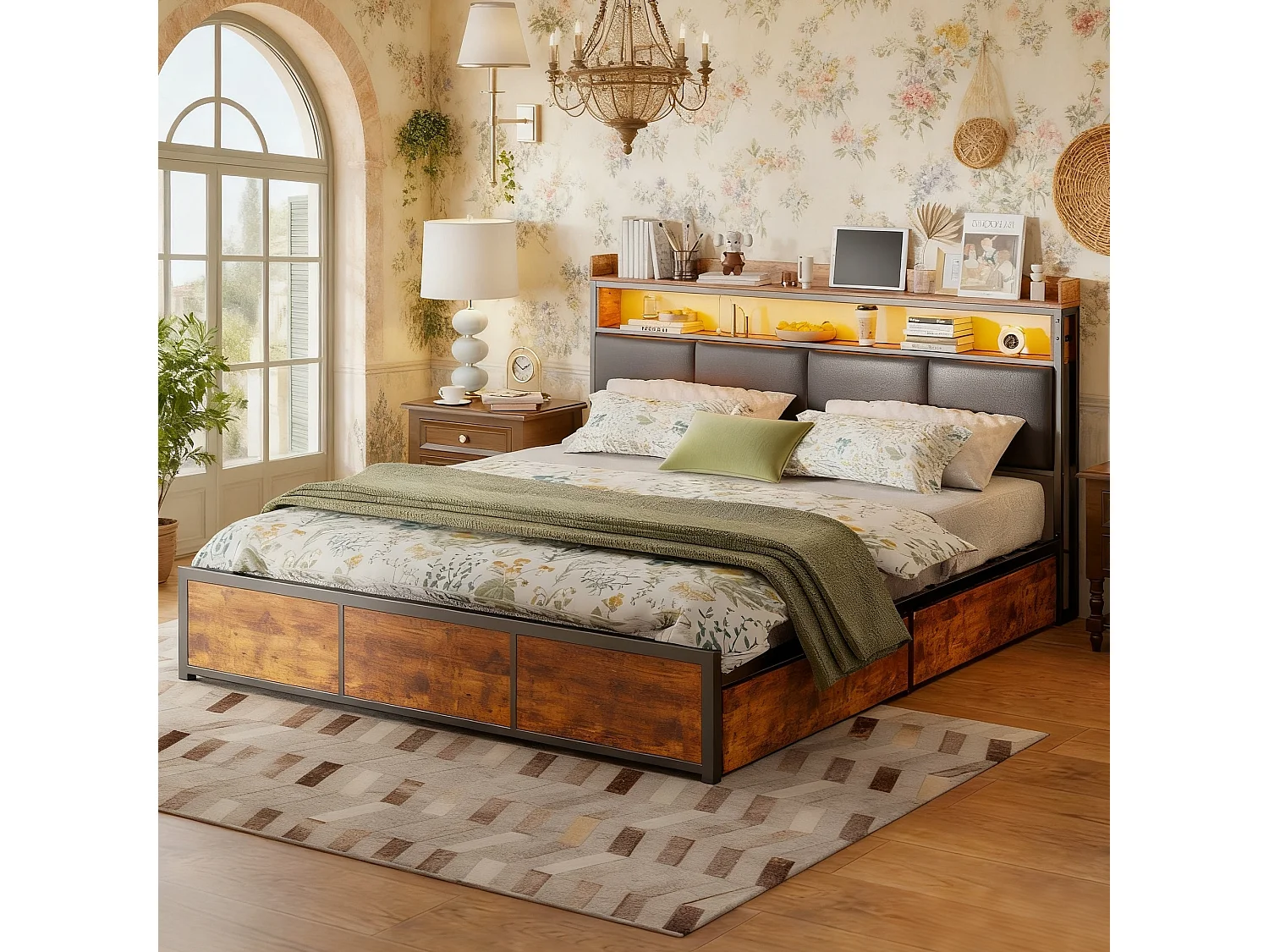 Lit King Size 180x200 cm tiroir  - lit adulte 180x200 cm avec sommier à lattes - LED en PU - lit en fer - noir