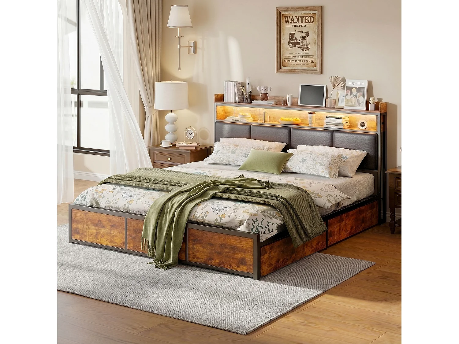 Lit King Size 180x200 cm avec tiroirs de rangement, sommier à lattes et LED, lit adulte en PU noir, structure métal