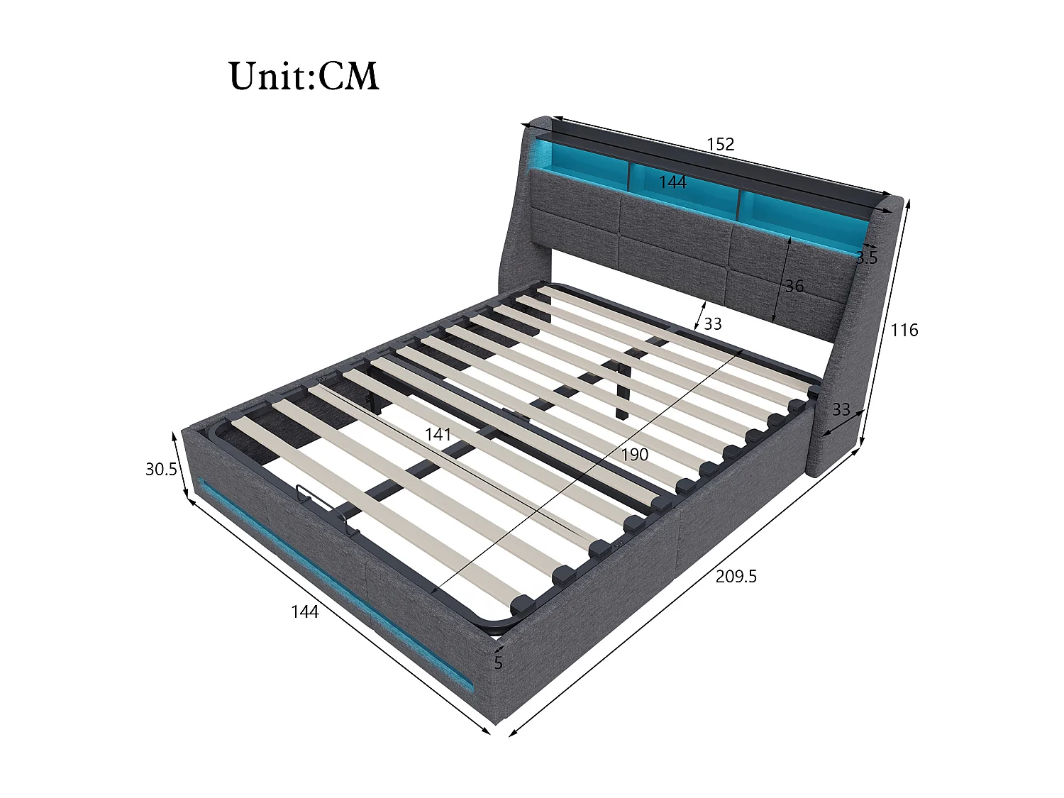 Lit capitonné 140x190 coffre avec sommier à lattes, lit adulte 140x190 cm LED et USB, cadre de lit 140x190 cm rangement soldes - tissu en lin - gris