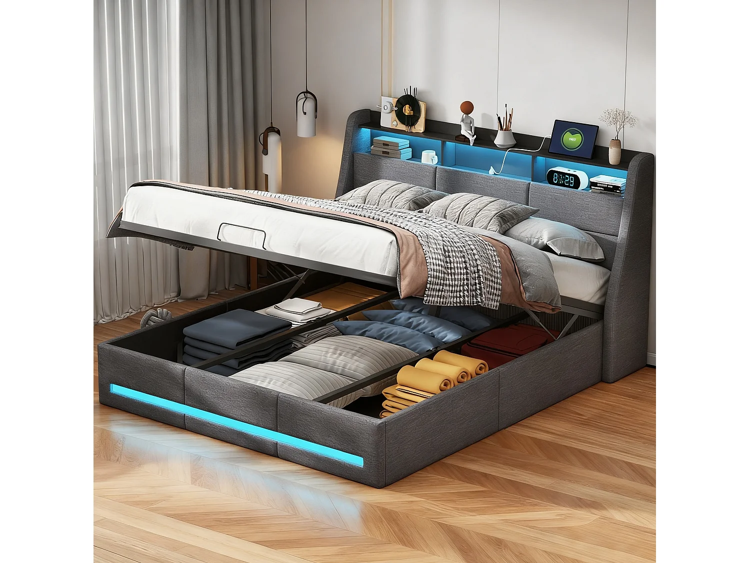 Lit coffre capitonné 140x190 cm avec sommier à lattes, rangement, LED et USB, tissu lin gris