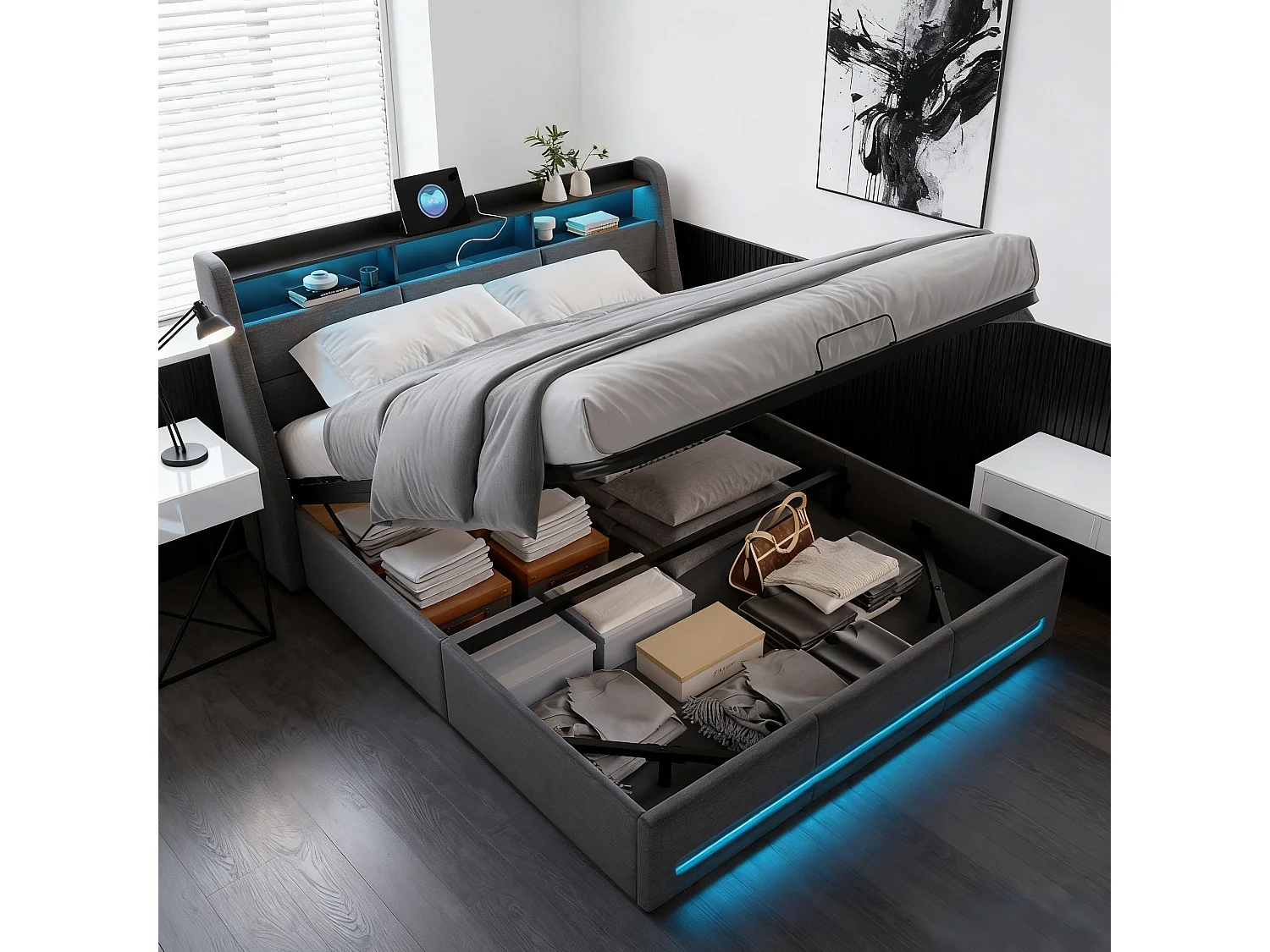 Lit coffre capitonné 140x190 cm avec sommier à lattes, rangement, LED et USB, tissu lin gris