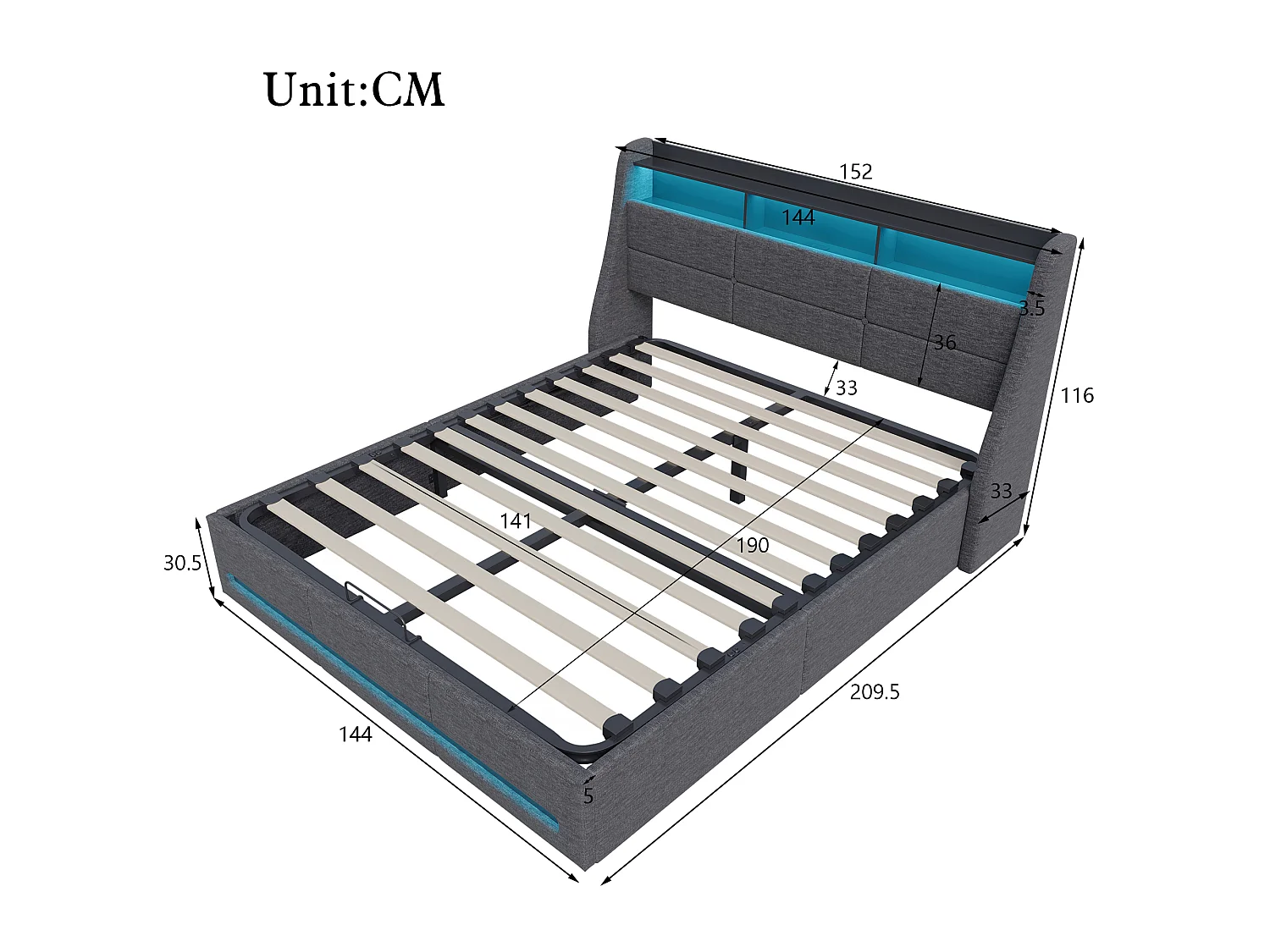 Lit coffre capitonné 140x190 cm avec sommier à lattes, rangement, LED et USB, tissu lin gris