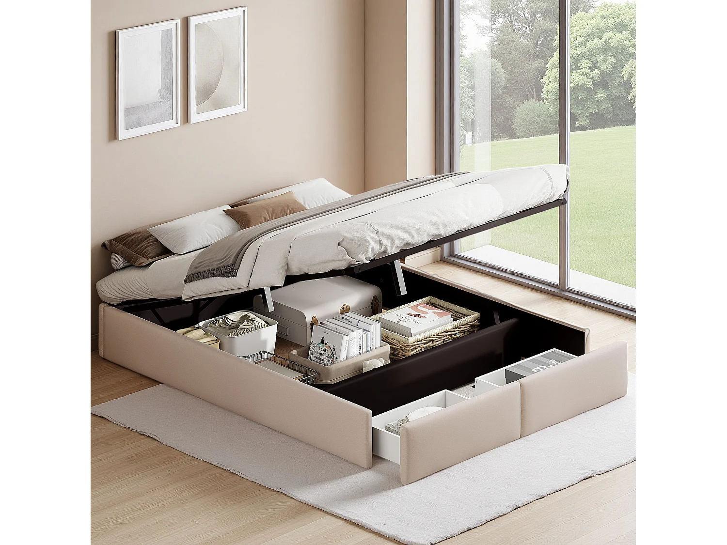 Lit double 160x200 cm - lit coffre 160x200 cm - lit adulte avec éclairage LED et recharge USB - lit rembourré sans tête de lit - 2 tiroirs - lin - beige