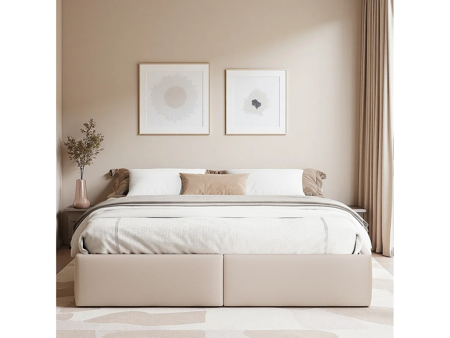 Lit double 160x200 cm - lit coffre 160x200 cm - lit adulte avec éclairage LED et recharge USB - lit rembourré sans tête de lit - 2 tiroirs - lin - beige