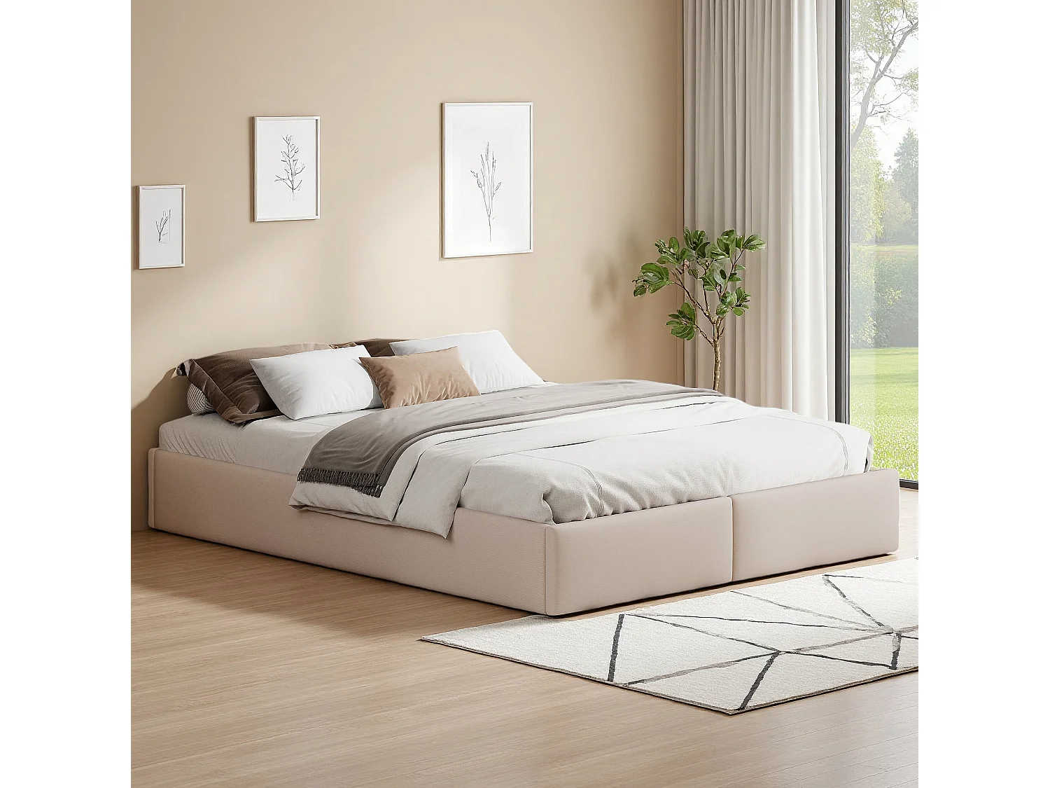Lit double 160x200 cm - lit coffre 160x200 cm - lit adulte avec éclairage LED et recharge USB - lit rembourré sans tête de lit - 2 tiroirs - lin - beige