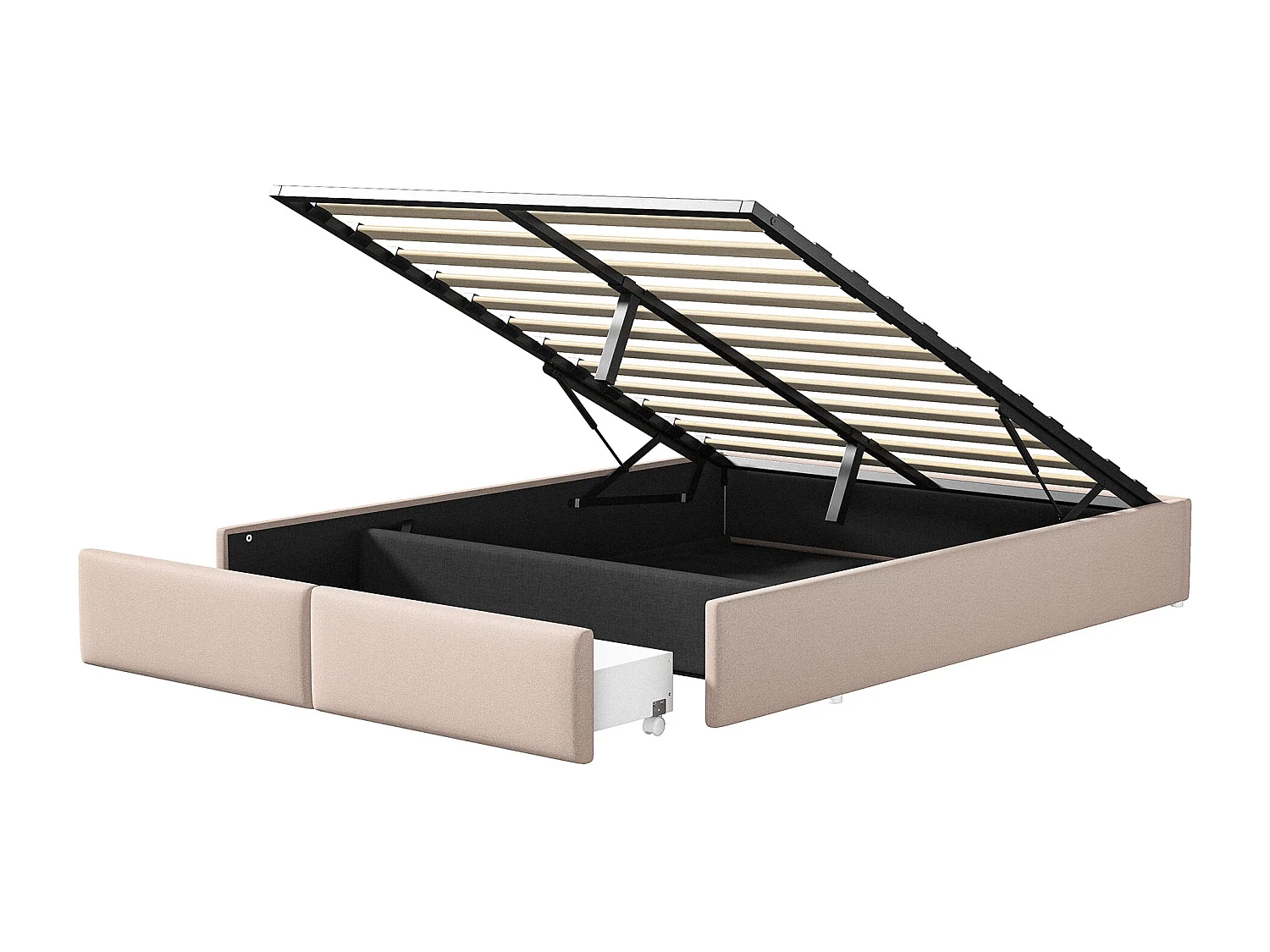 Lit double 160x200 cm - lit coffre 160x200 cm - lit adulte avec éclairage LED et recharge USB - lit rembourré sans tête de lit - 2 tiroirs - lin - beige