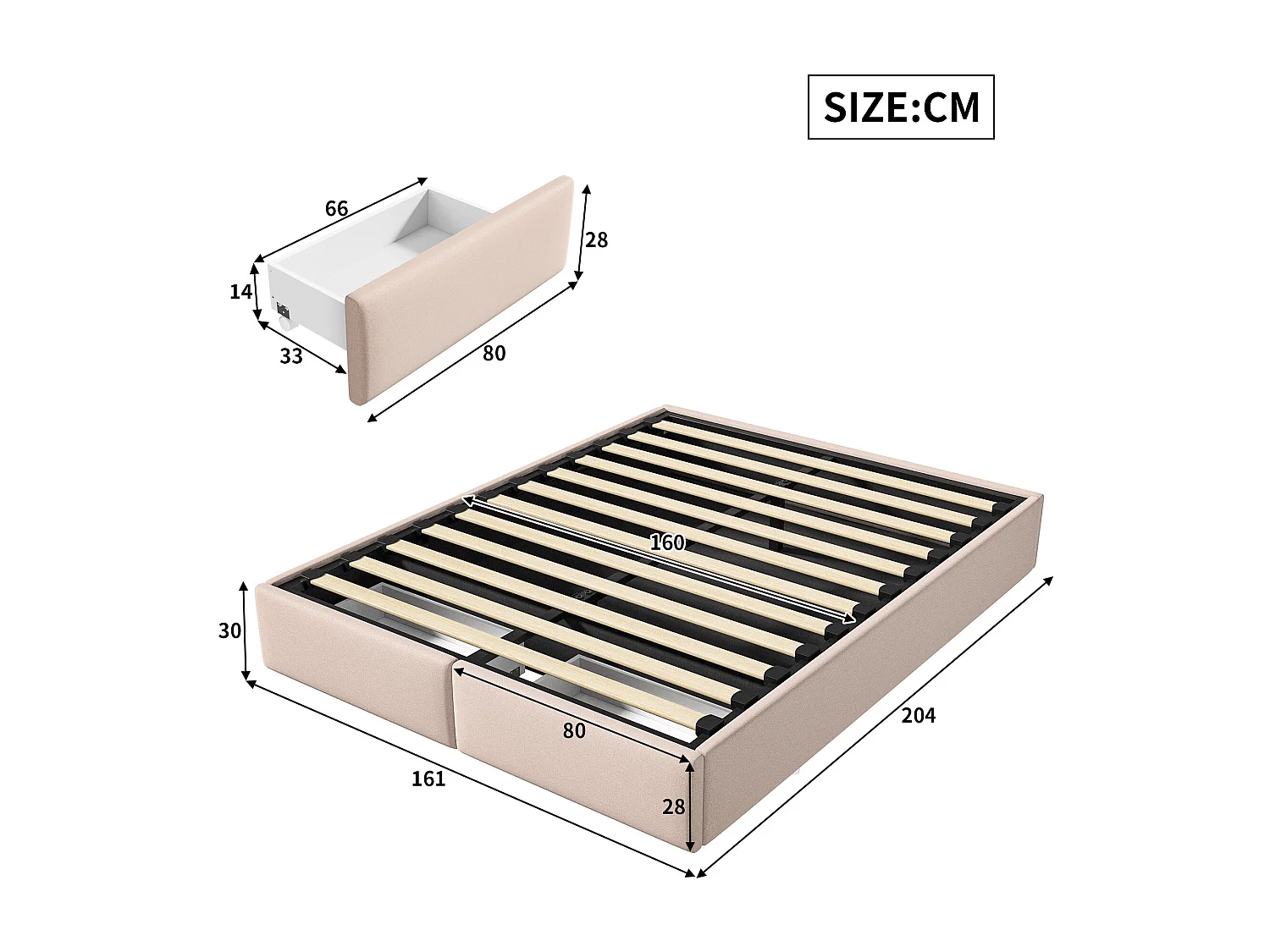 Lit double 160x200 cm - lit coffre 160x200 cm - lit adulte avec éclairage LED et recharge USB - lit rembourré sans tête de lit - 2 tiroirs - lin - beige