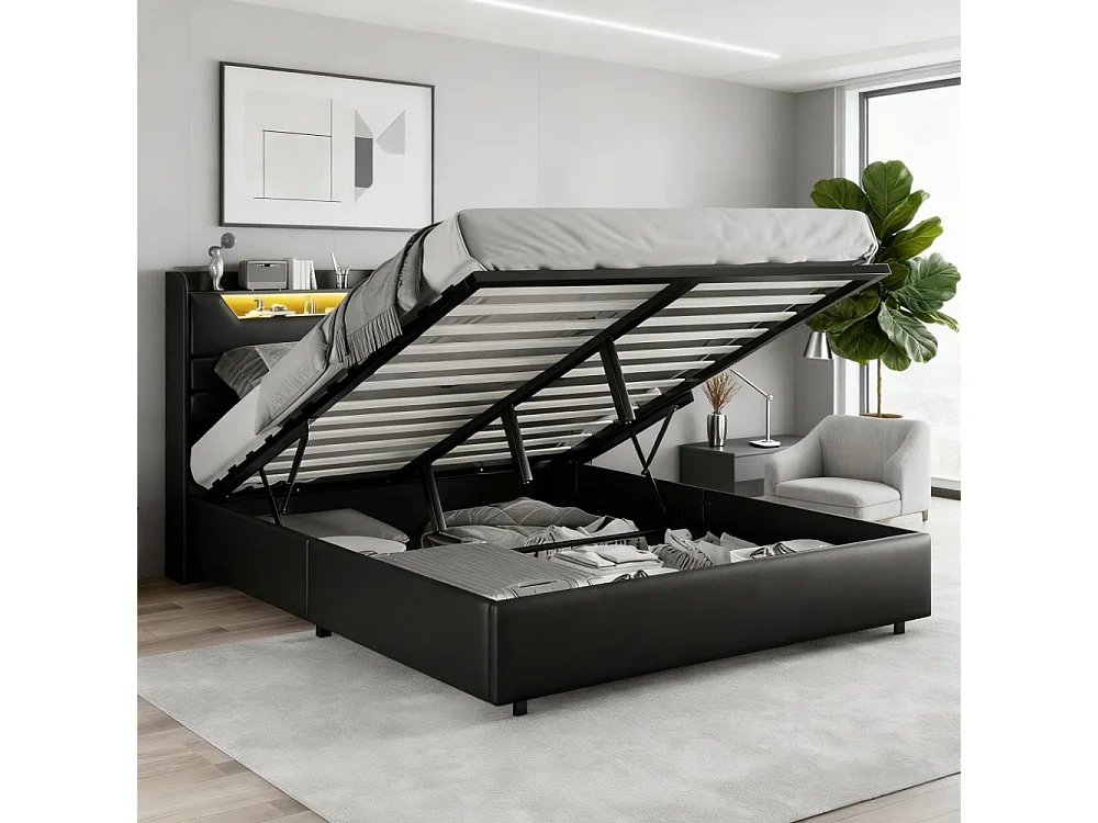 Lit adulte 140x200 cm avec sommier à lattes, lit double 140x200 cm coffre rangement soldes, Lit capitonné en tissu PU 140x200 cm - LED - USB - Noir