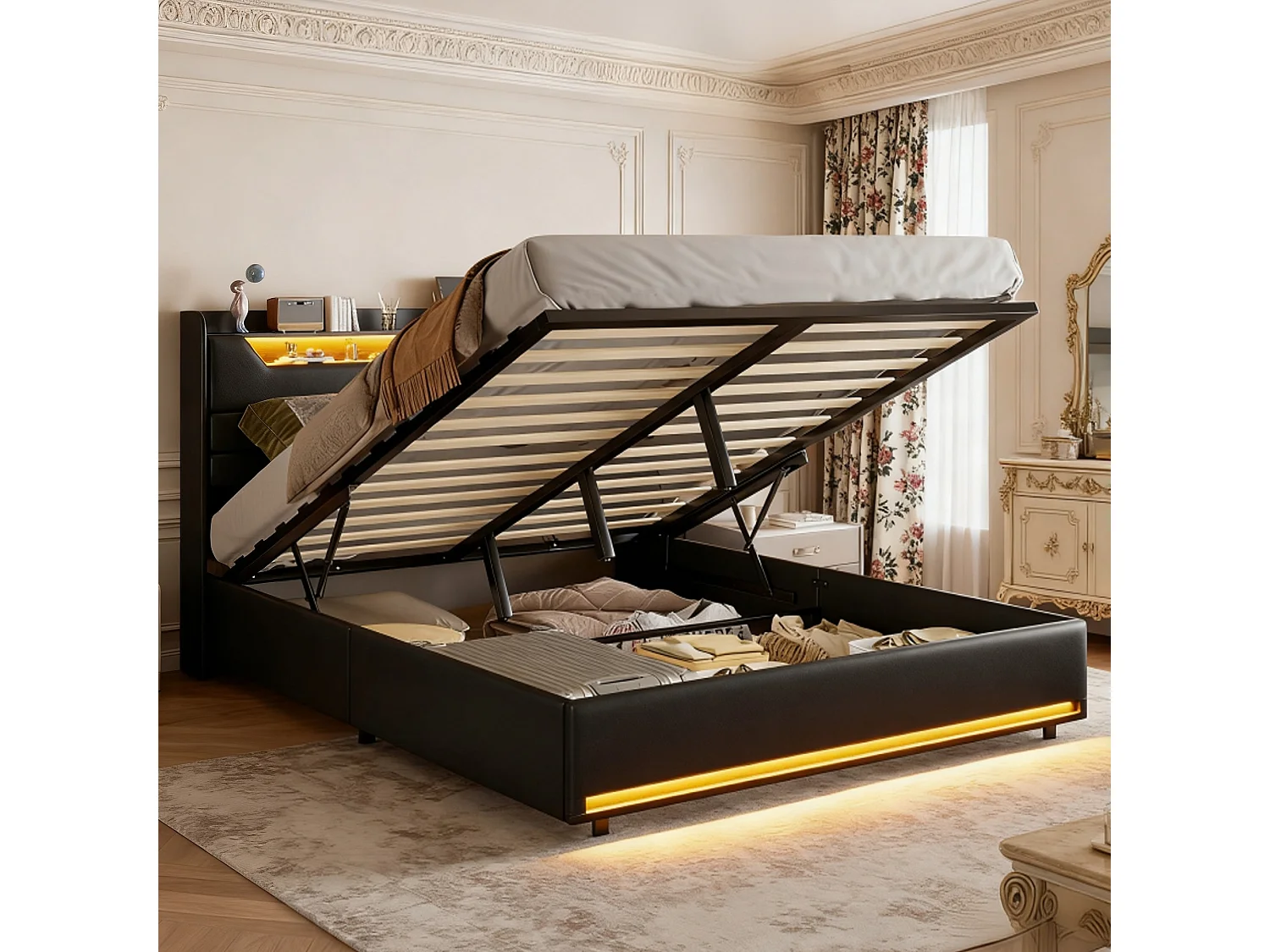 Lit adulte 140x200 cm avec sommier à lattes, lit double 140x200 cm coffre rangement soldes, Lit capitonné en tissu PU 140x200 cm - LED - USB - Noir