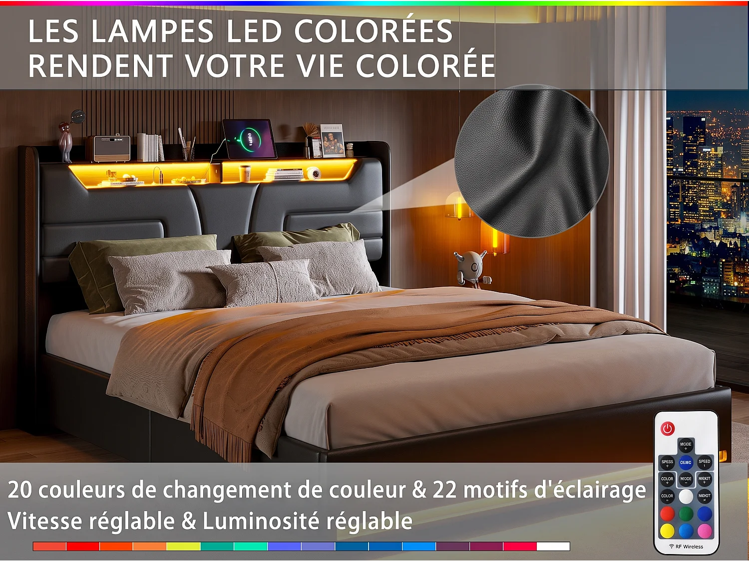 Lit coffre 140x200 cm avec sommier à lattes, lit double adulte capitonné en PU noir avec rangement intégré, LED et USB, sans matelas