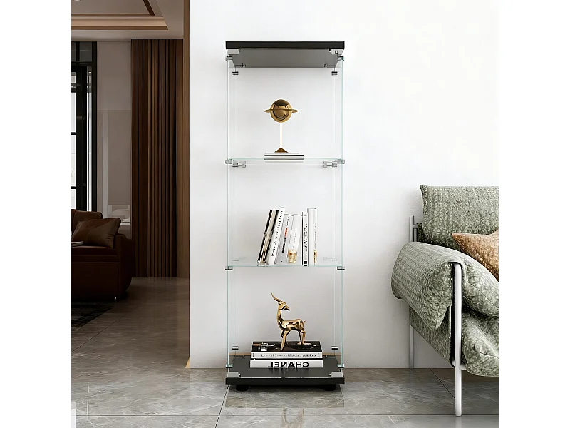 Vitrine sur pied avec 1 portes,  plateaux verre transparent avec serrure, verre trempé et boir, Multi - usage - 42 x 36 x 125 cm - Noir