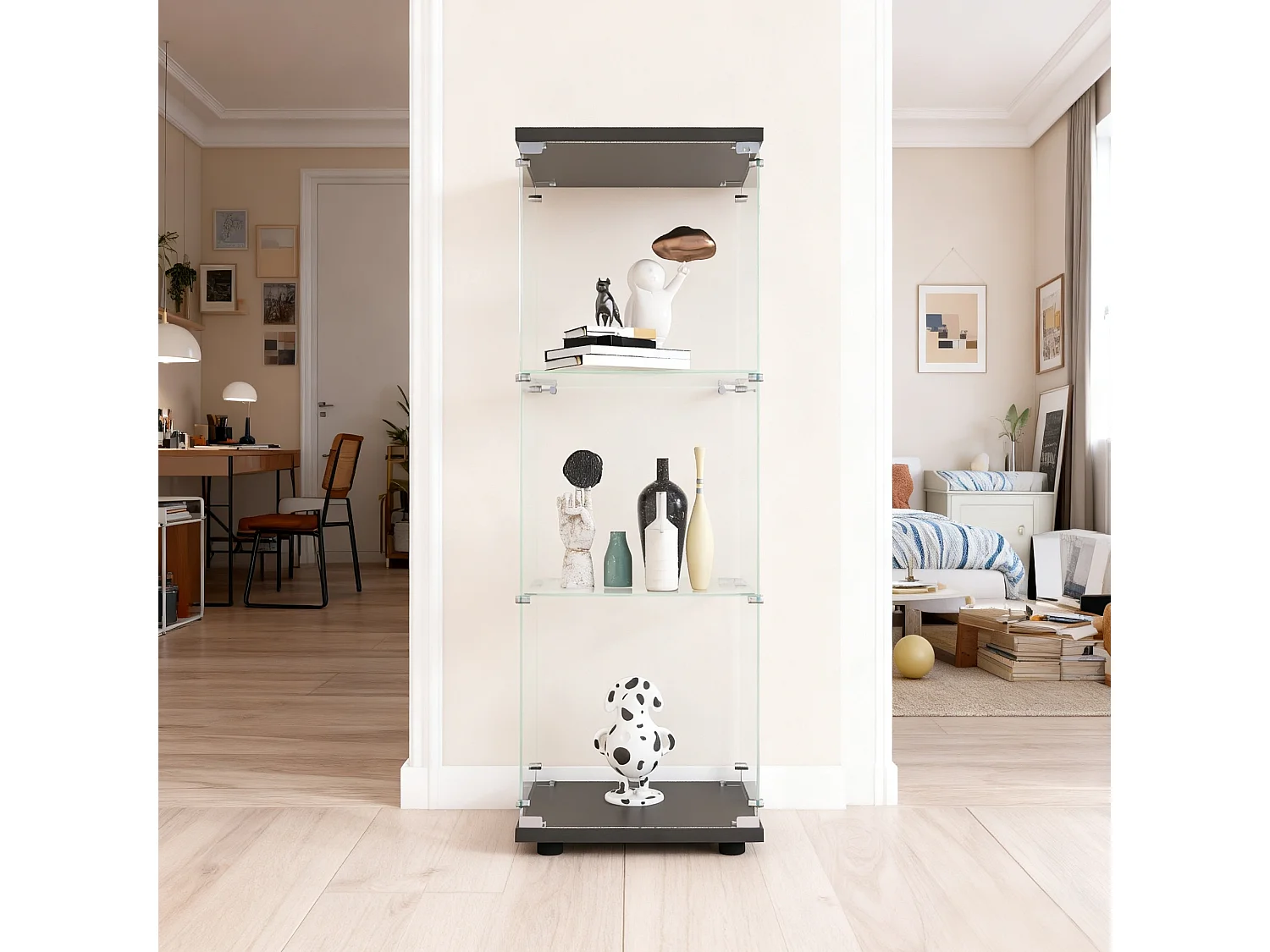 Vitrine sur pied avec 1 portes,  plateaux verre transparent avec serrure, verre trempé et boir, Multi - usage - 42 x 36 x 125 cm - Noir
