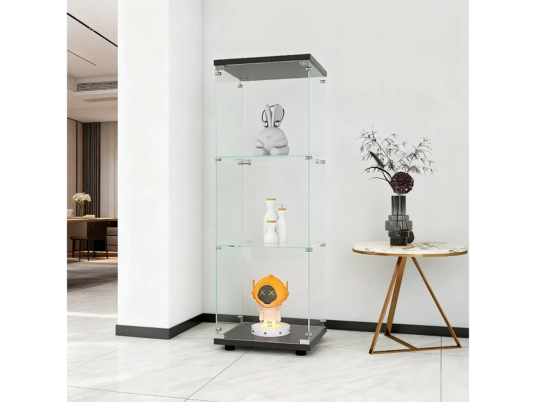 Vitrine sur pied avec 1 portes,  plateaux verre transparent avec serrure, verre trempé et boir, Multi - usage - 42 x 36 x 125 cm - Noir