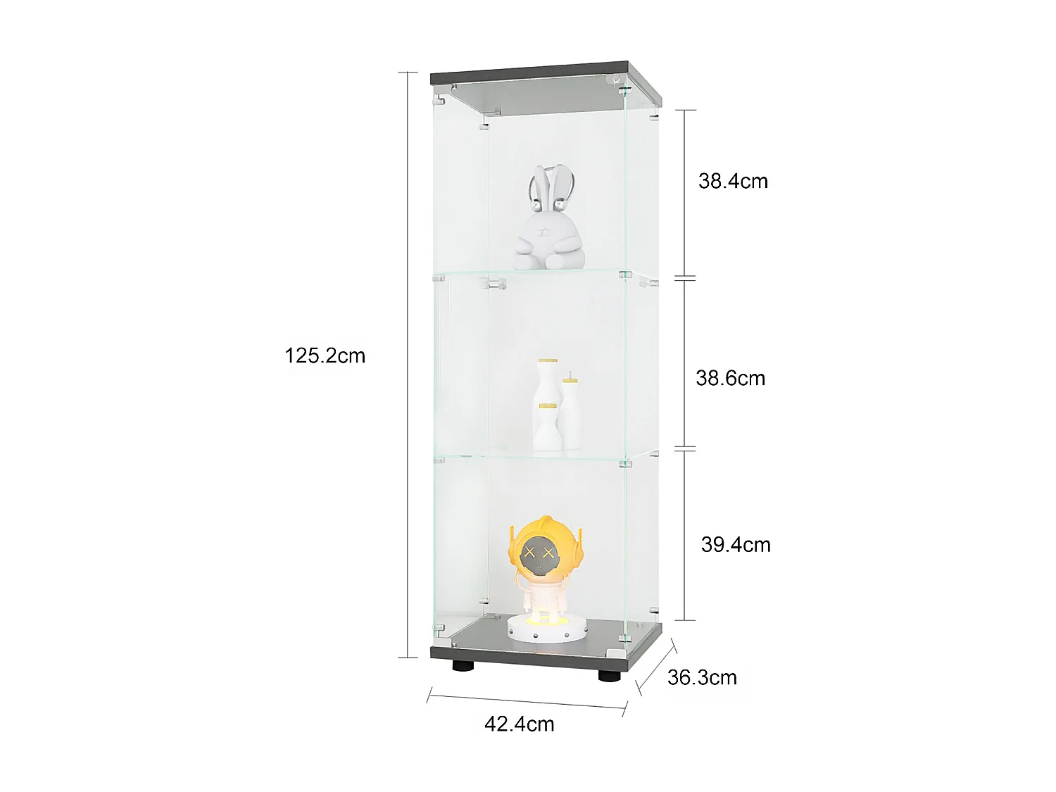 Vitrine sur pied avec 1 portes,  plateaux verre transparent avec serrure, verre trempé et boir, Multi - usage - 42 x 36 x 125 cm - Noir