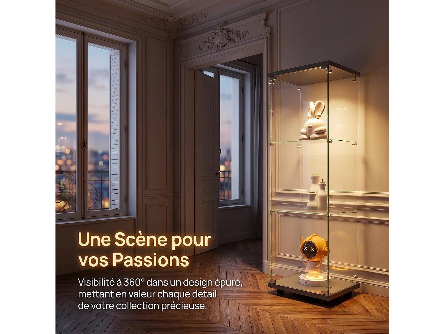 Vitrine sur pied 42 x 36 x 125 cm avec 1 porte verrouillable – Étagères en verre trempé transparent et éléments en bois – Noir