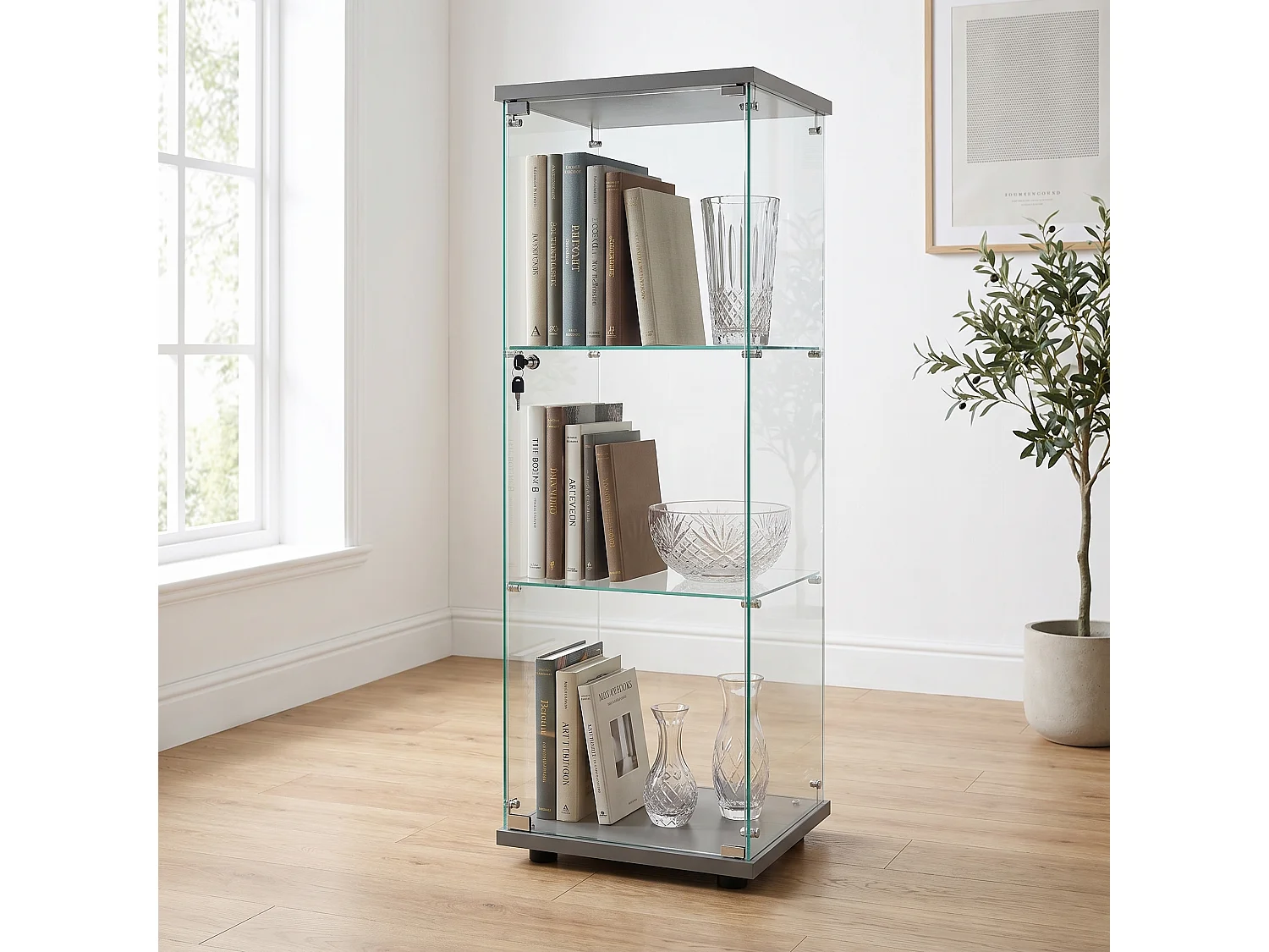 Vitrine sur pied 42 x 36 x 125 cm avec 1 porte verrouillable – Étagères en verre trempé transparent et éléments en bois – Noir