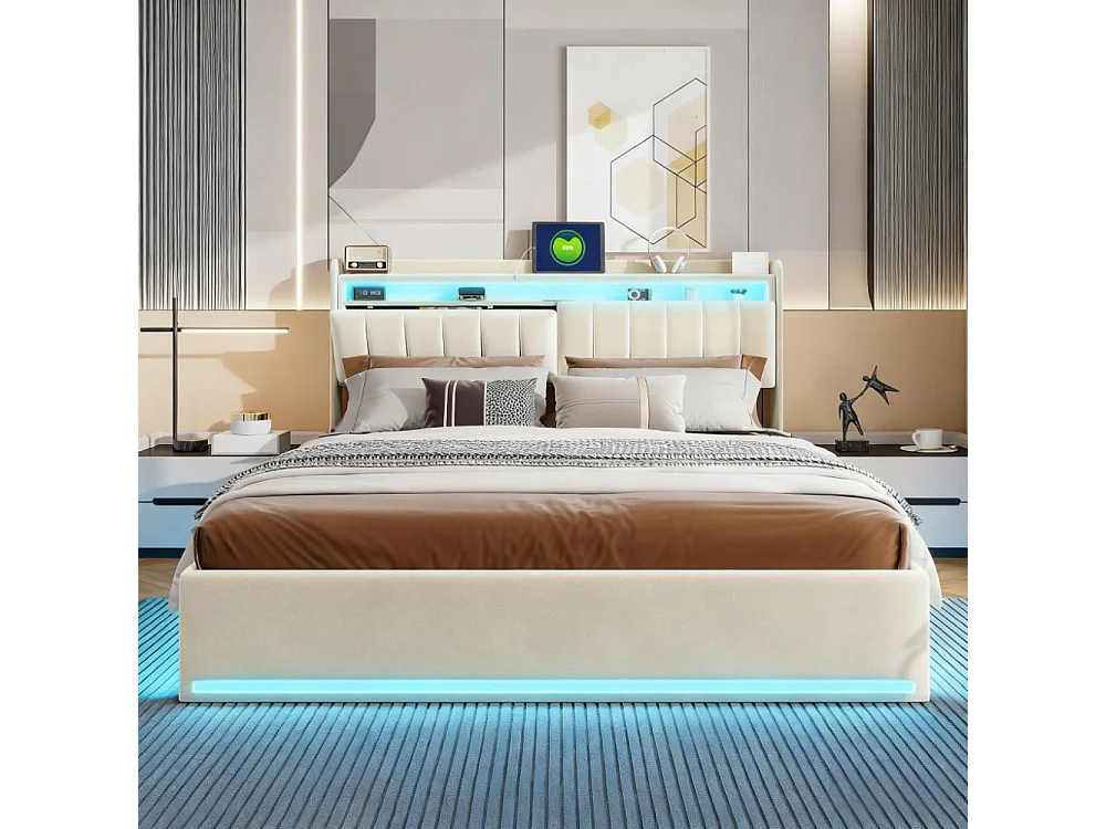 Lit adulte 160x200 cm avec sommier à latte, lit double 160x200 coffre rangement soldes, lit capitonné en tissu velours 160x200 cm - LED - USB - beige