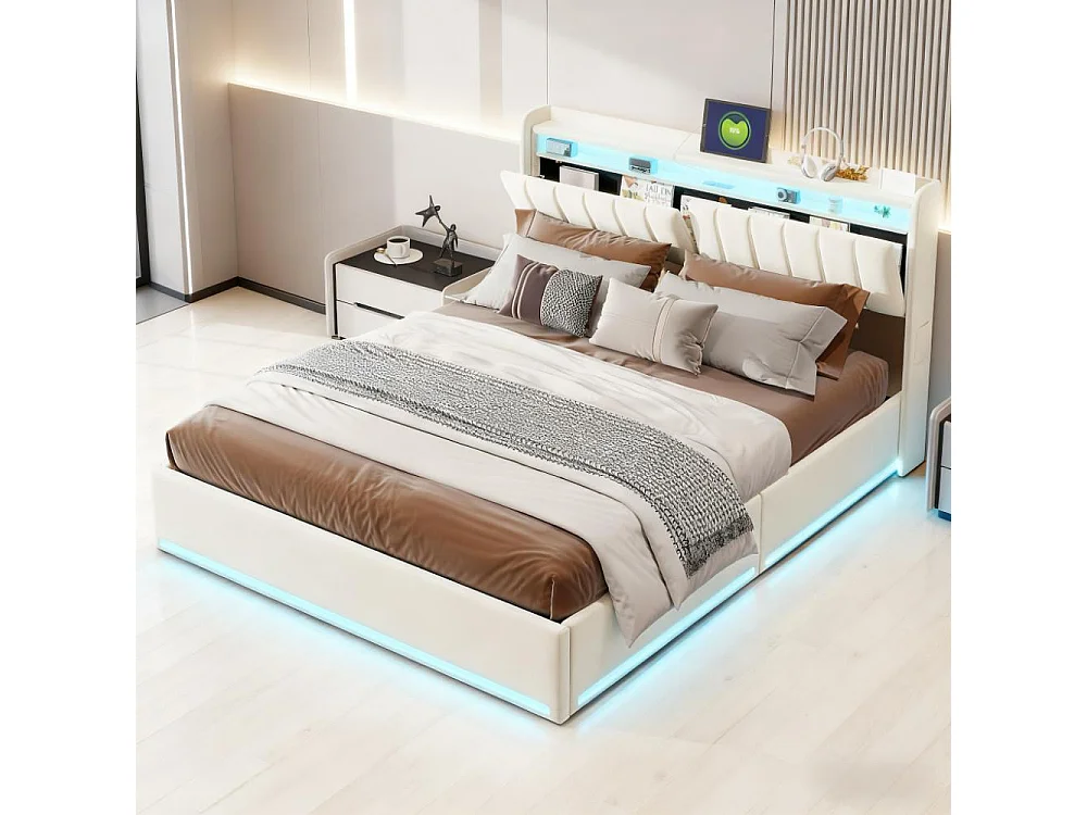 Lit adulte 160x200 cm avec sommier à latte, lit double 160x200 coffre rangement soldes, lit capitonné en tissu velours 160x200 cm - LED - USB - beige